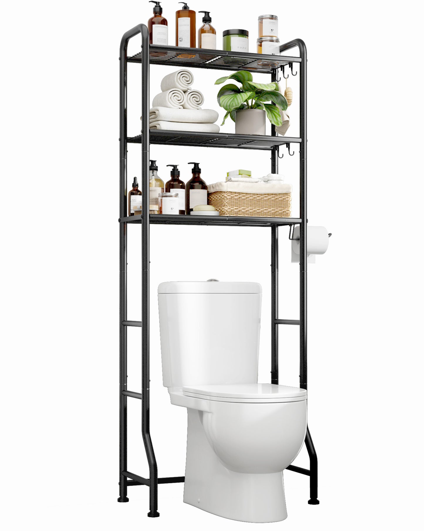 Kitsure Over the Toilet Storage, 3-Tier Bathroom Oragnizer with Paper Holder and Hooks, Black, 24" x 12.5" x 63"