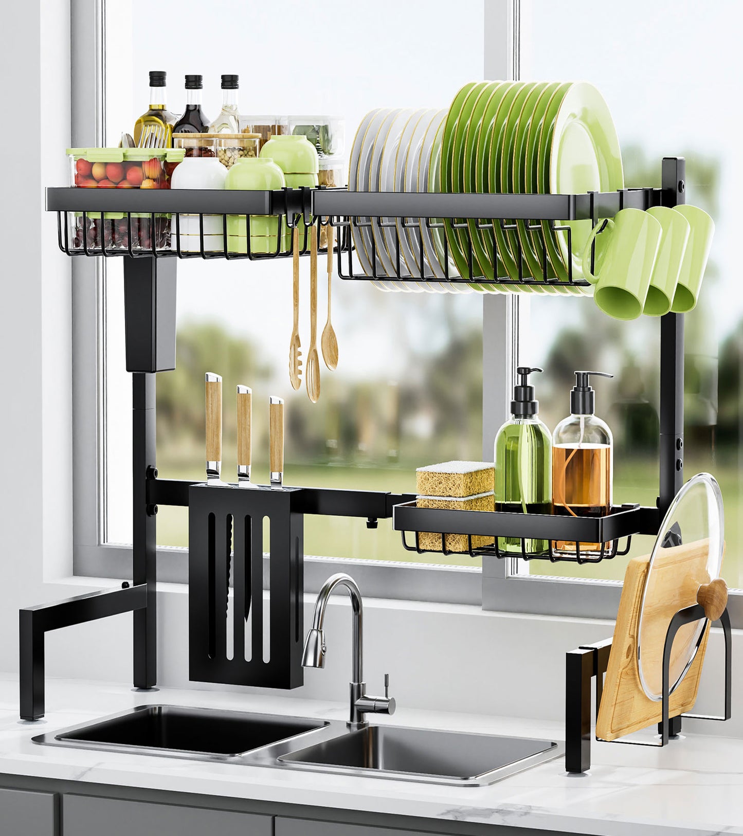Over The Sink Dish Drying Rack -with Multifunctional Baskets, Black