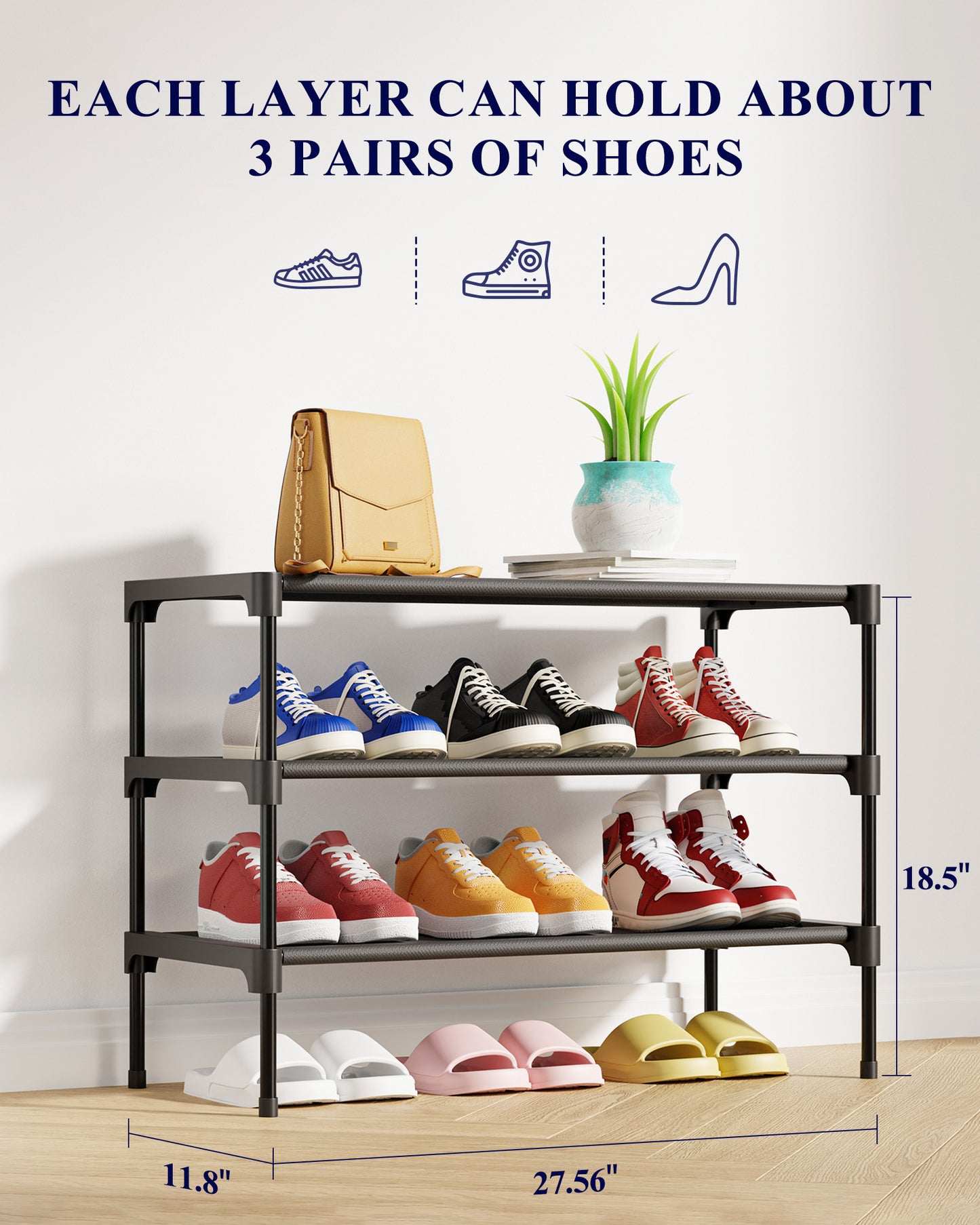 Kitsure Shoe Rack - Premium Non-Woven Shoe Rack Shelf, Shoe Organizer for Closet, Entryway, Garage & Corridor, Sturdy & Durable Long Stackable Shoe Shelves, 70 x 30 x 47cm, Black