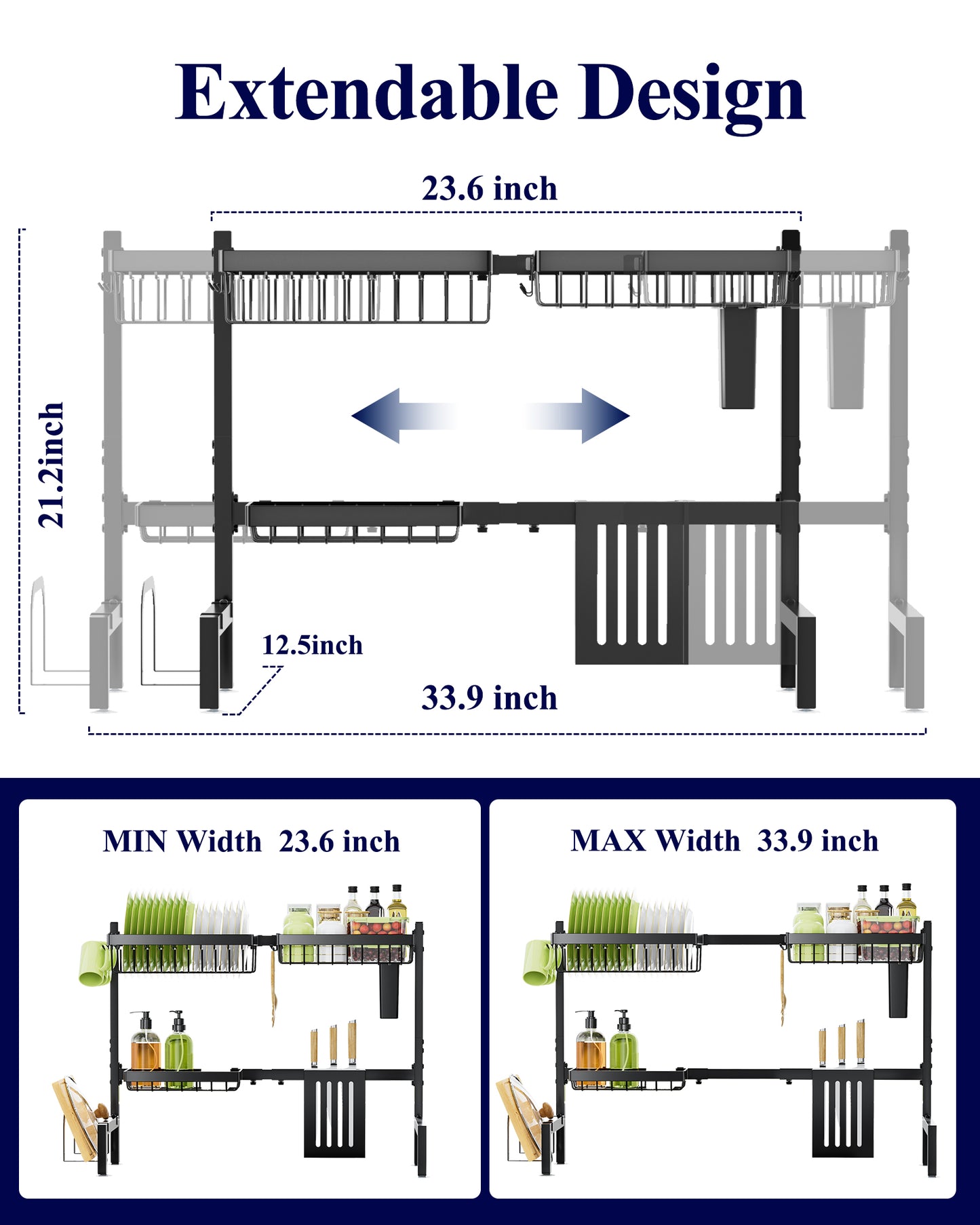 Over The Sink Dish Drying Rack -with Multifunctional Baskets, Black