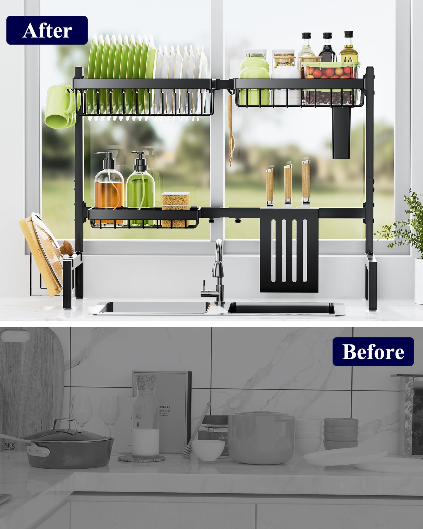 Over The Sink Dish Drying Rack -with Multifunctional Baskets, Black