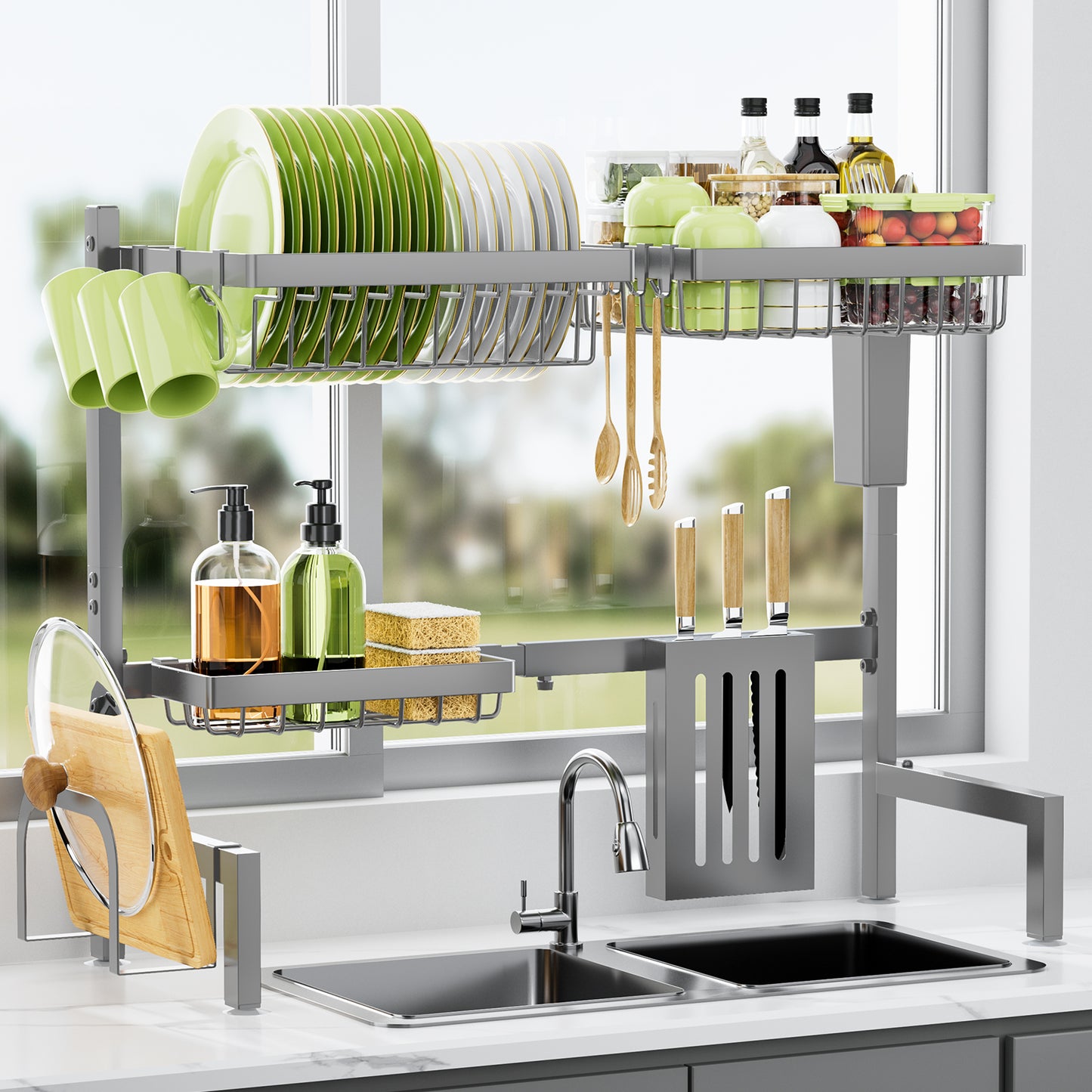 Over The Sink Dish Drying Rack -with Multifunctional Baskets, Black