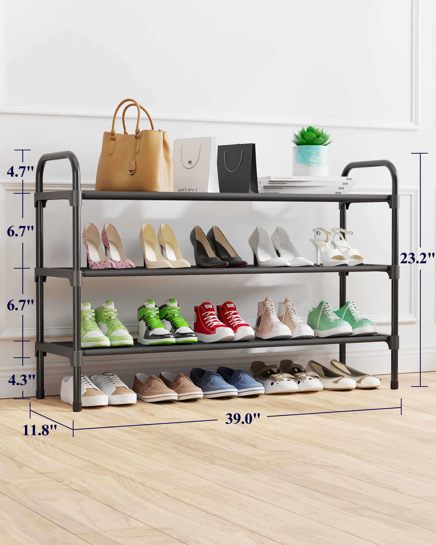 Kitsure Extra-Long Shoe Rack for Closet, Shoe Organizer for Front Door Entrance, Stackable Shoe Shelf, Detachable Closet Organizers and Storage, Black, 39.0" x 11.8" x 23.2"