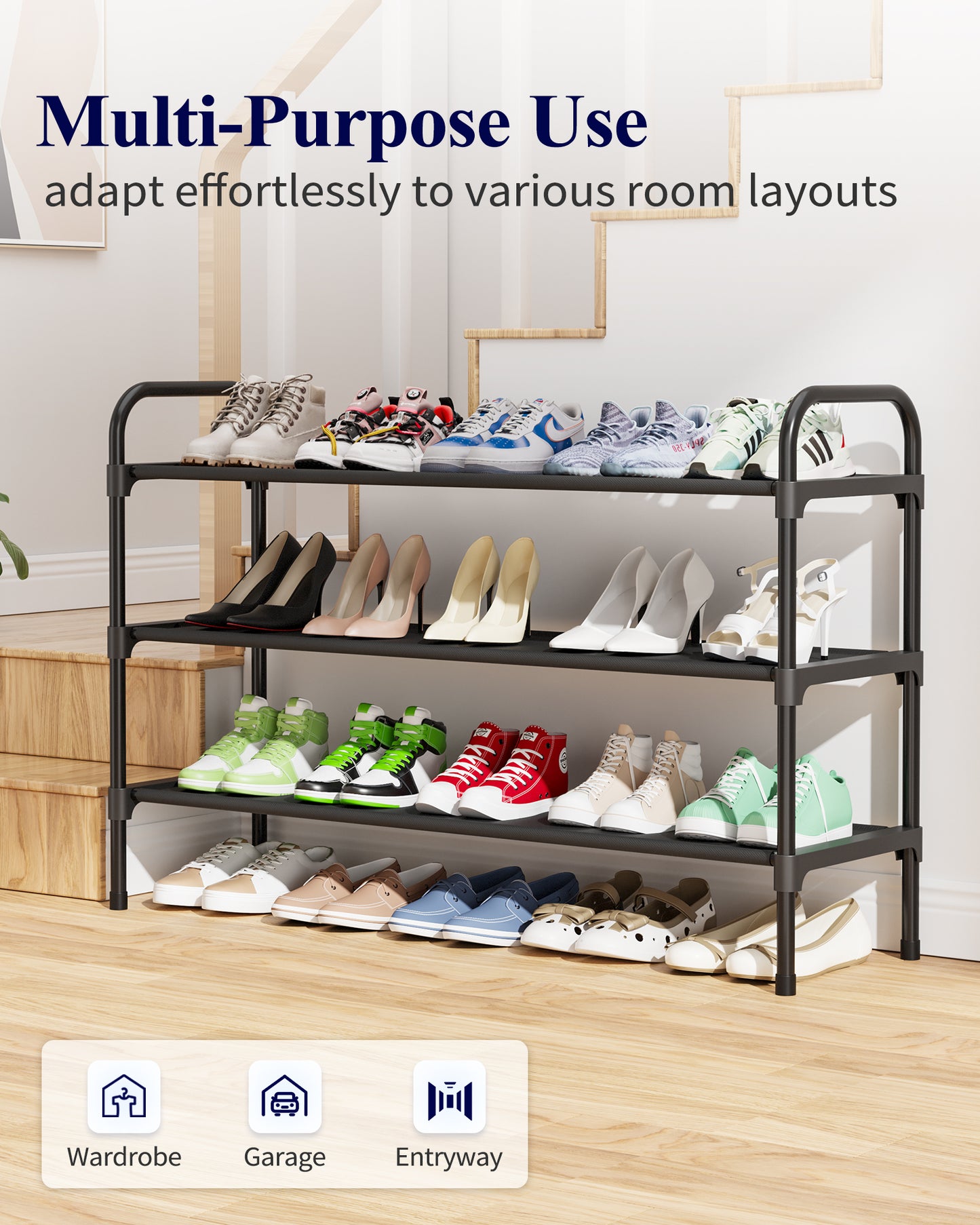 Kitsure Extra-Long Shoe Rack for Closet, Shoe Organizer for Front Door Entrance, Stackable Shoe Shelf, Detachable Closet Organizers and Storage, Black, 39.0" x 11.8" x 23.2"