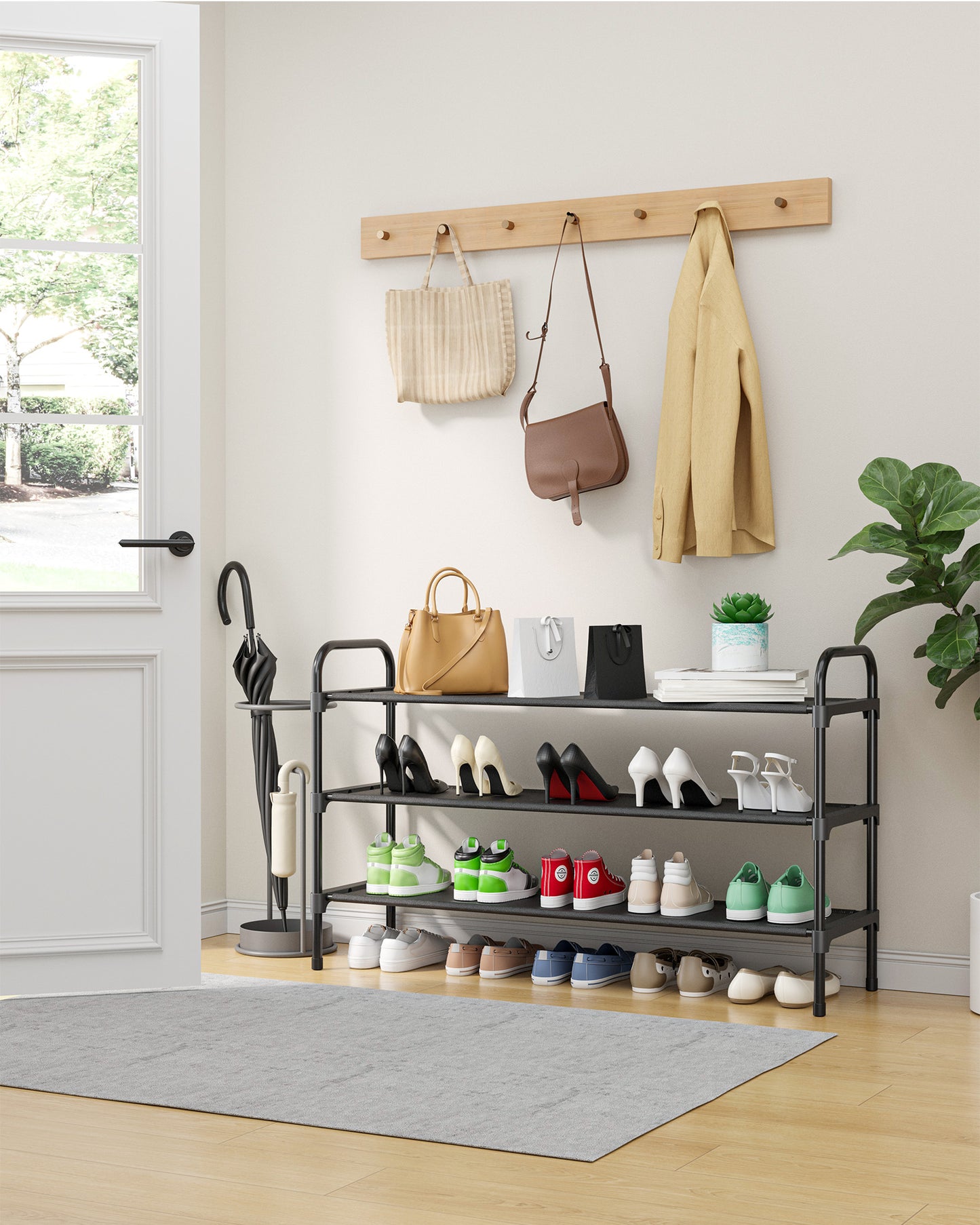 Kitsure Extra-Long Shoe Rack for Closet, Shoe Organizer for Front Door Entrance, Stackable Shoe Shelf, Detachable Closet Organizers and Storage, Black, 39.0" x 11.8" x 23.2"