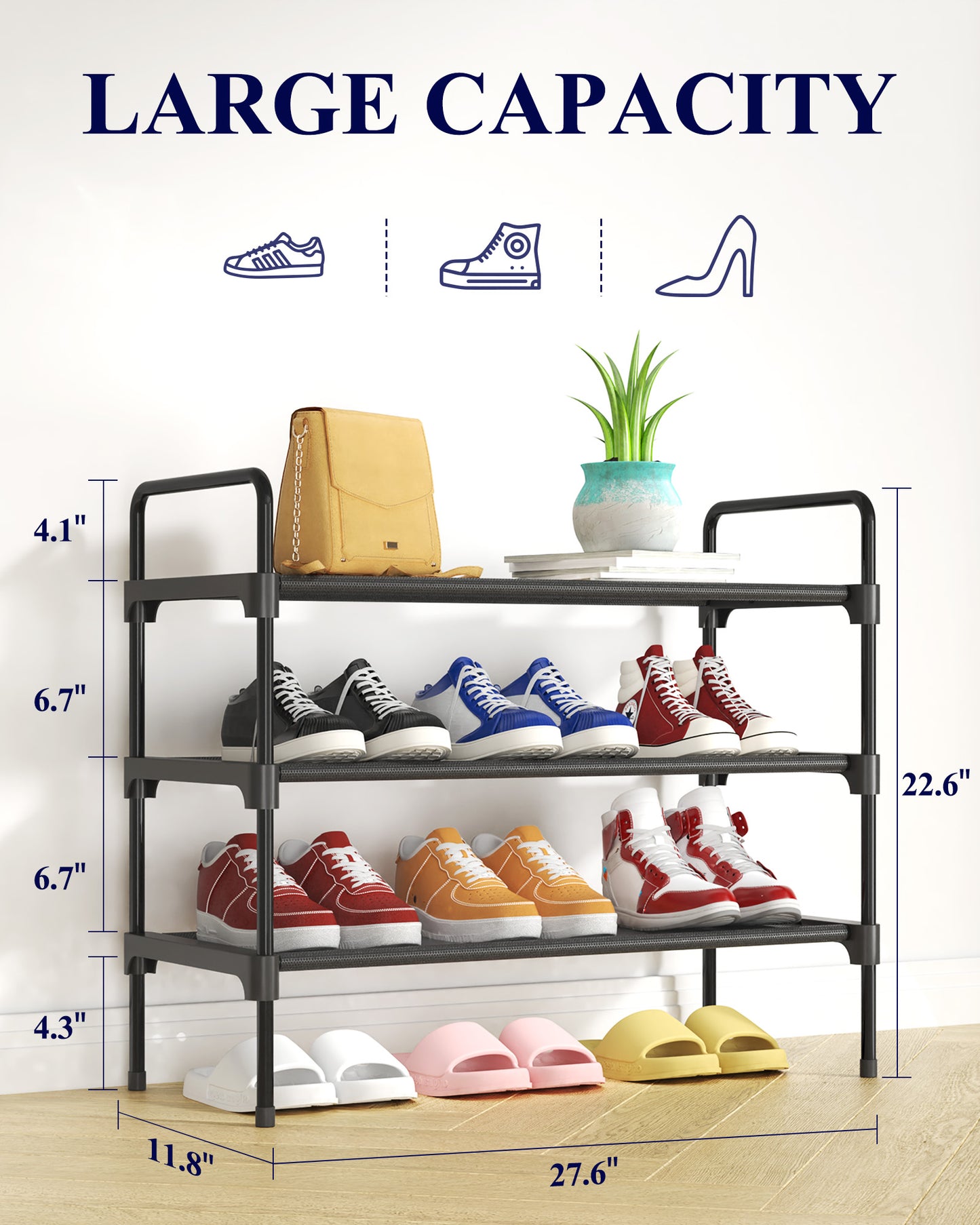 Kitsure 3-Tier Shoe Rack for Closet, Sturdy Shoe Organizer, 27.6" x 11.8" x 22.6", Black