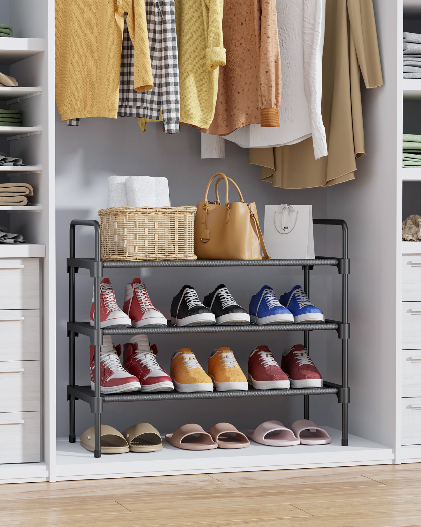 Kitsure 3-Tier Shoe Rack for Closet, Sturdy Shoe Organizer, 27.6" x 11.8" x 22.6", Black