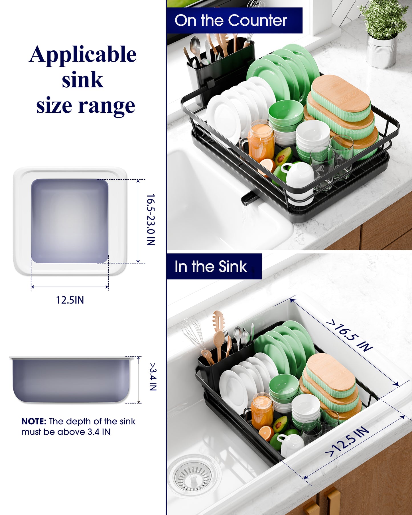 Kitsure Dish Drying Rack - Compact Dish Rack with Utensil Holder & Adjustable Water Outlet, Rust-Proof & Scratch-Resistant Drying Rack for Kitchen, 15.5" x 12.0" x 5.0", Black