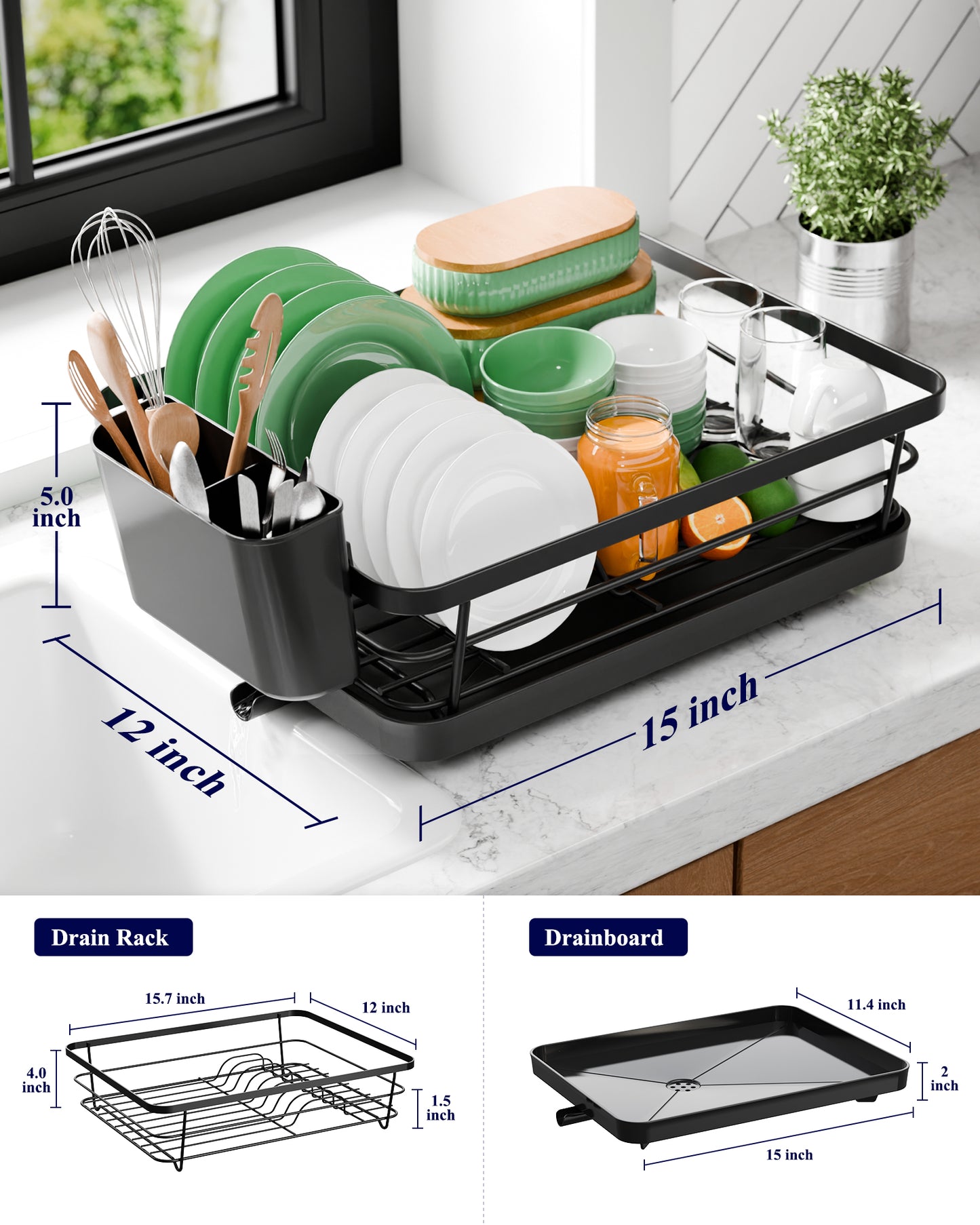Kitsure Dish Drying Rack - Compact Dish Rack with Utensil Holder & Adjustable Water Outlet, Rust-Proof & Scratch-Resistant Drying Rack for Kitchen, 15.5" x 12.0" x 5.0", Black
