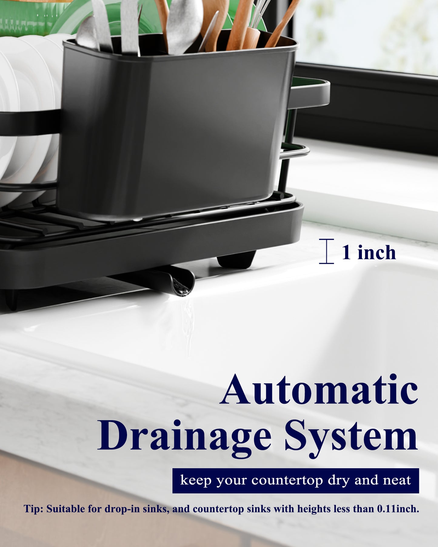 Kitsure Dish Drying Rack - Compact Dish Rack with Utensil Holder & Adjustable Water Outlet, Rust-Proof & Scratch-Resistant Drying Rack for Kitchen, 15.5" x 12.0" x 5.0", Black