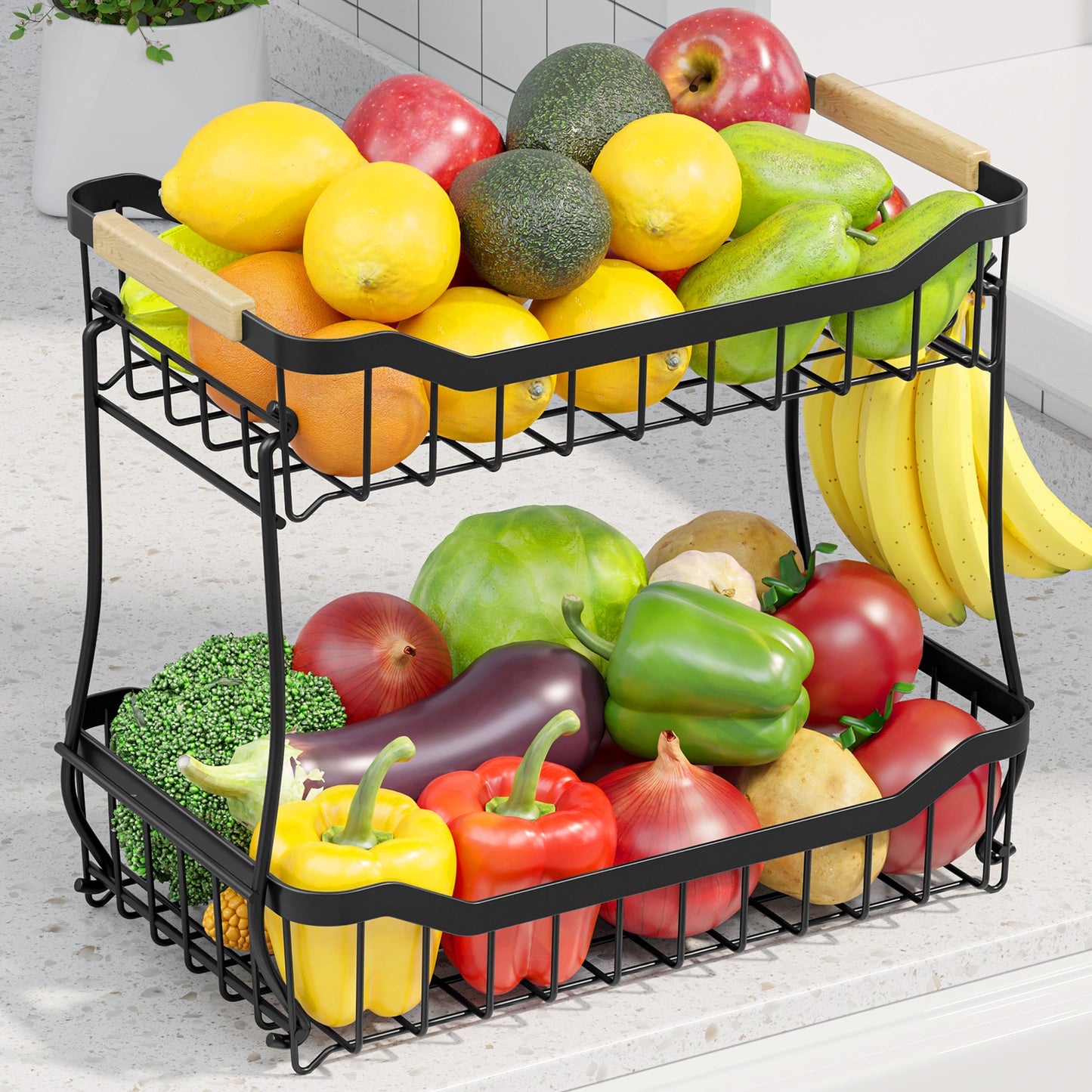 Fruit Basket - 2 Tier Fruit Basket for Kitchen Counter 8.4"D x 14.3"W x 11.0"H
