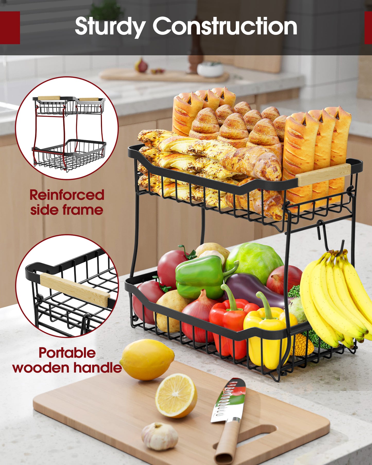 Fruit Basket - 2 Tier Fruit Basket for Kitchen Counter 8.4"D x 14.3"W x 11.0"H