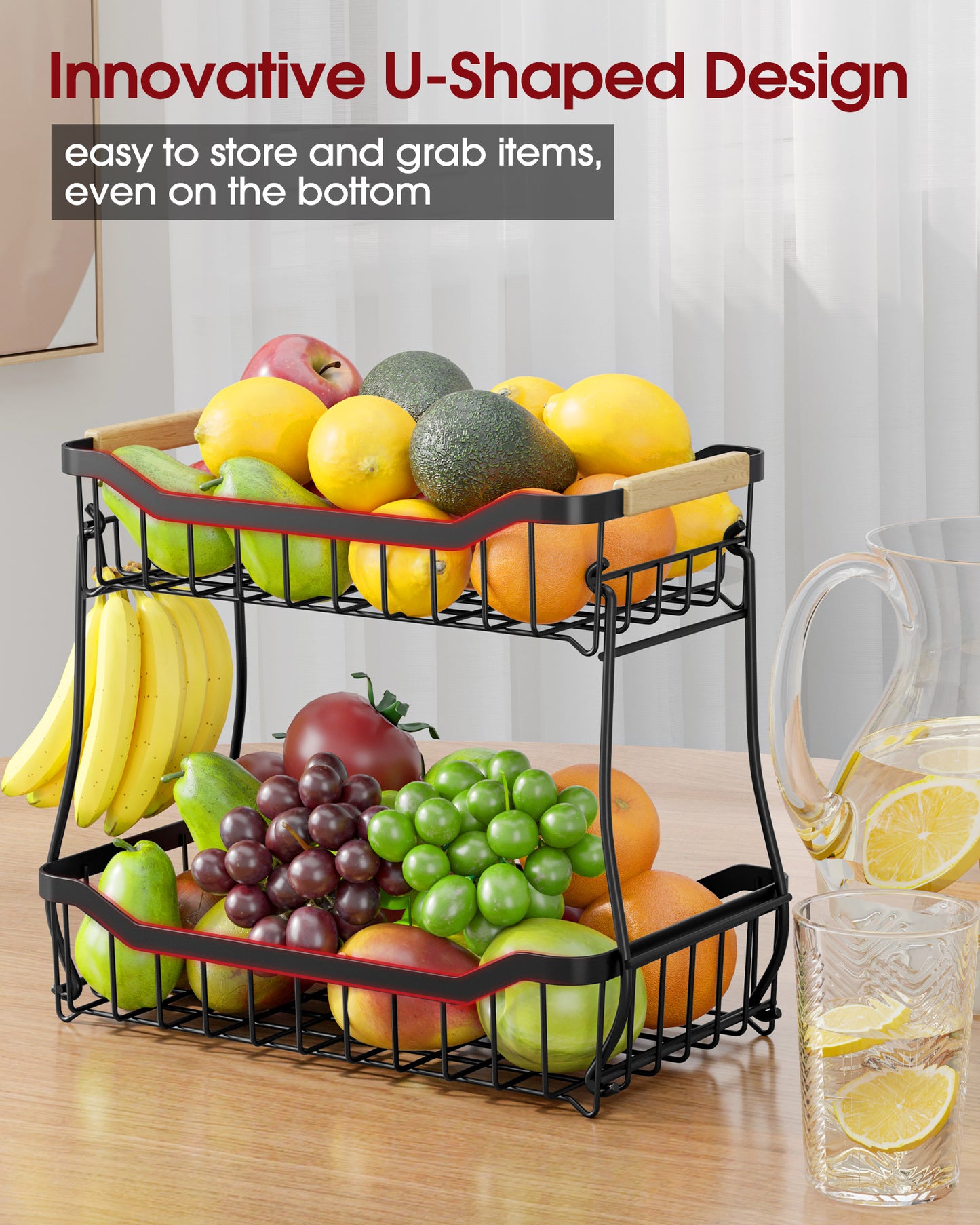Fruit Basket - 2 Tier Fruit Basket for Kitchen Counter 8.4"D x 14.3"W x 11.0"H