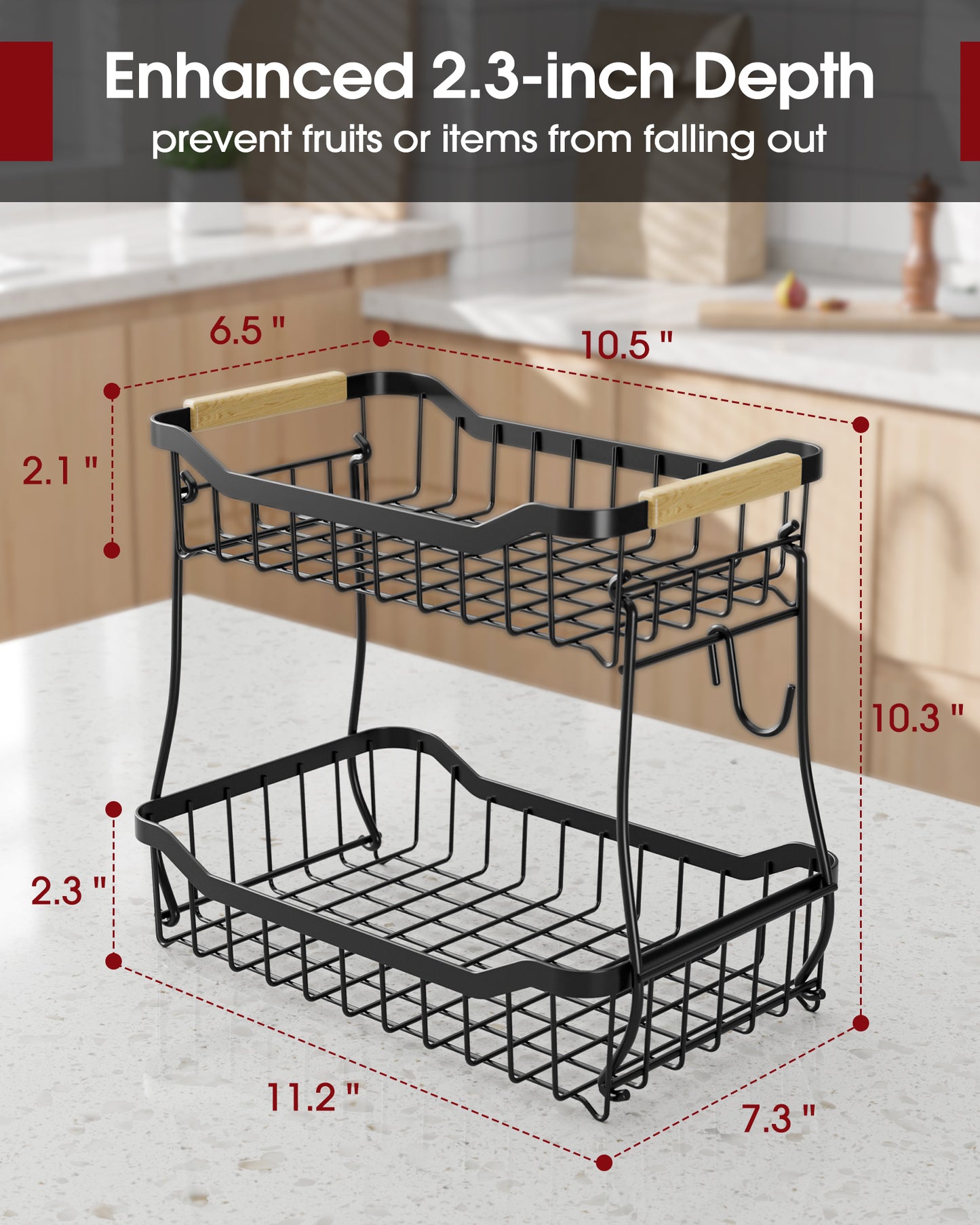 Fruit Basket - 2 Tier Fruit Basket for Kitchen Counter 8.4"D x 14.3"W x 11.0"H