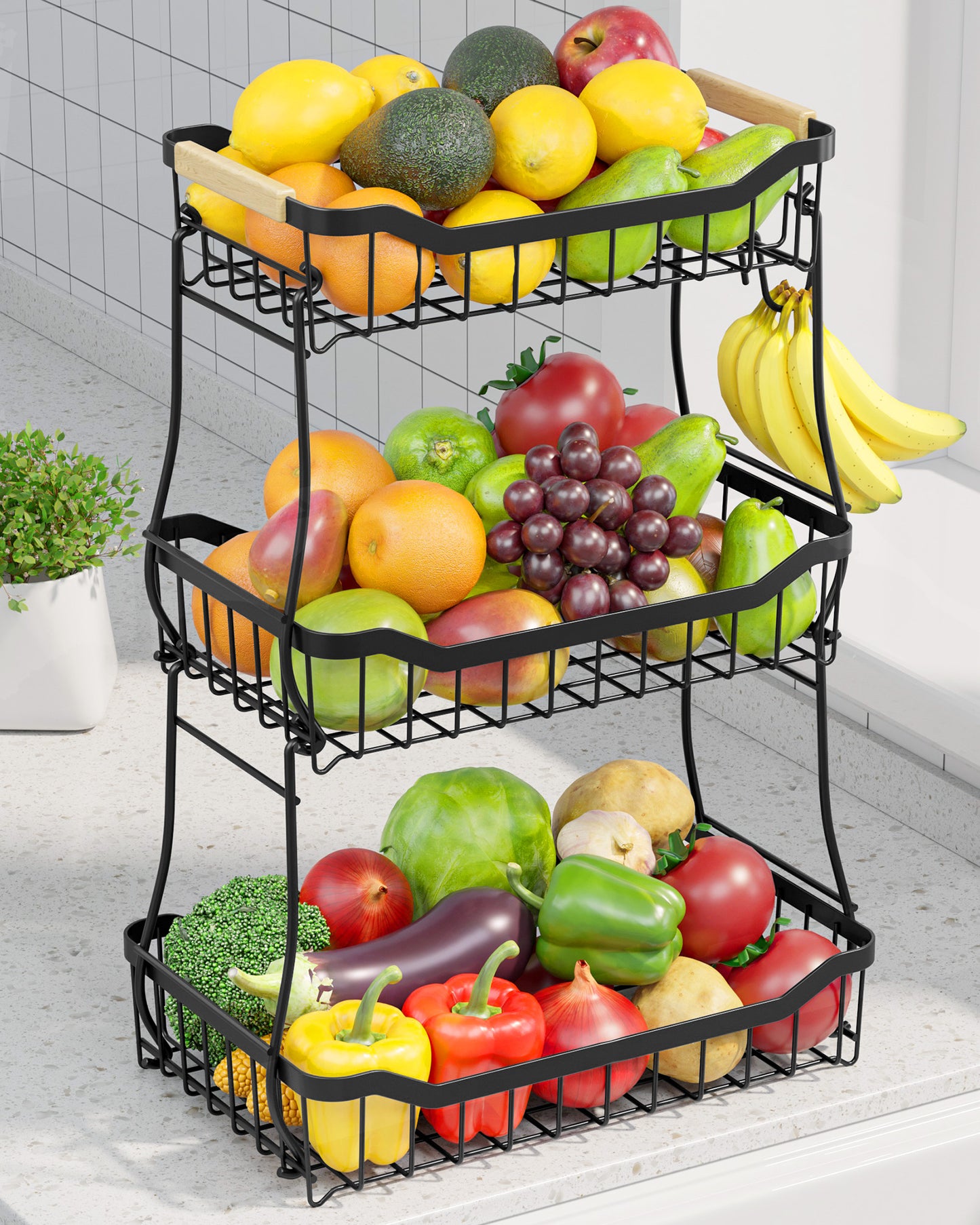 Fruit Basket - 2 Tier Fruit Basket for Kitchen Counter 8.4"D x 14.3"W x 11.0"H