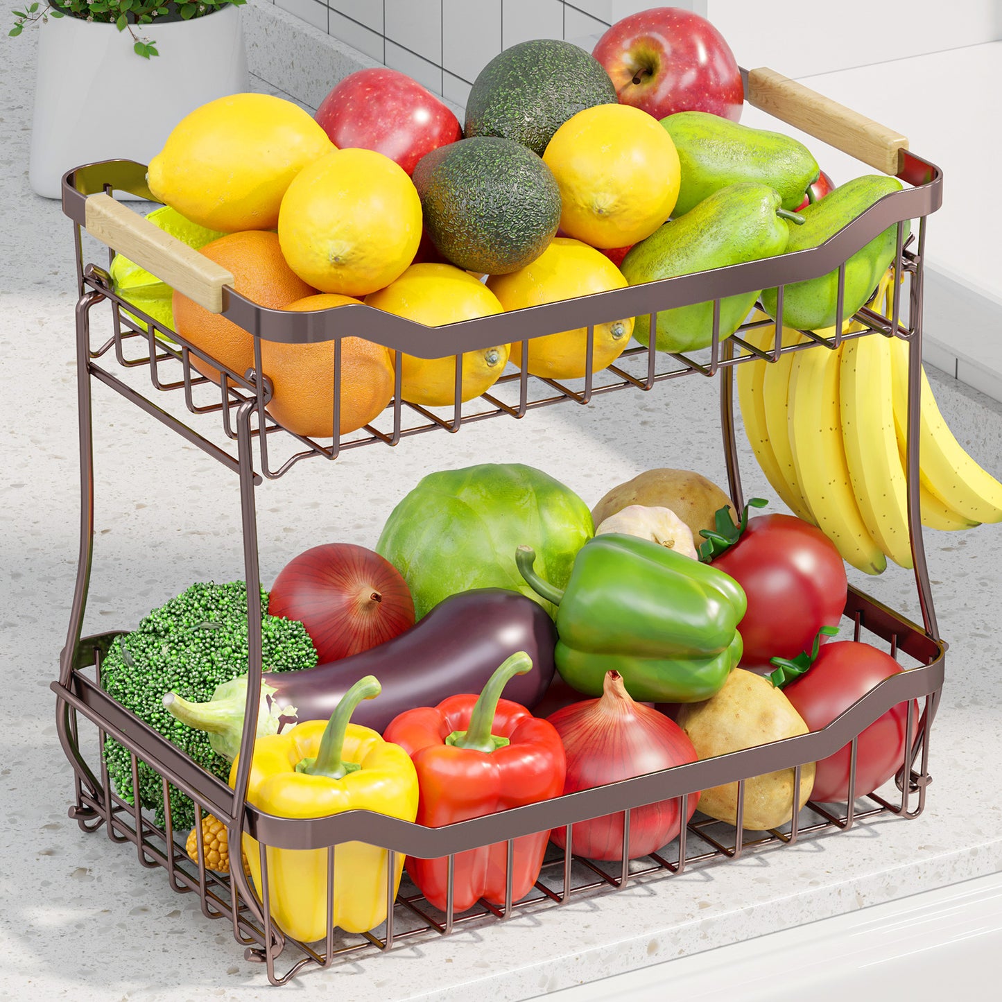 Fruit Basket - 2 Tier Fruit Basket for Kitchen Counter 8.4"D x 14.3"W x 11.0"H