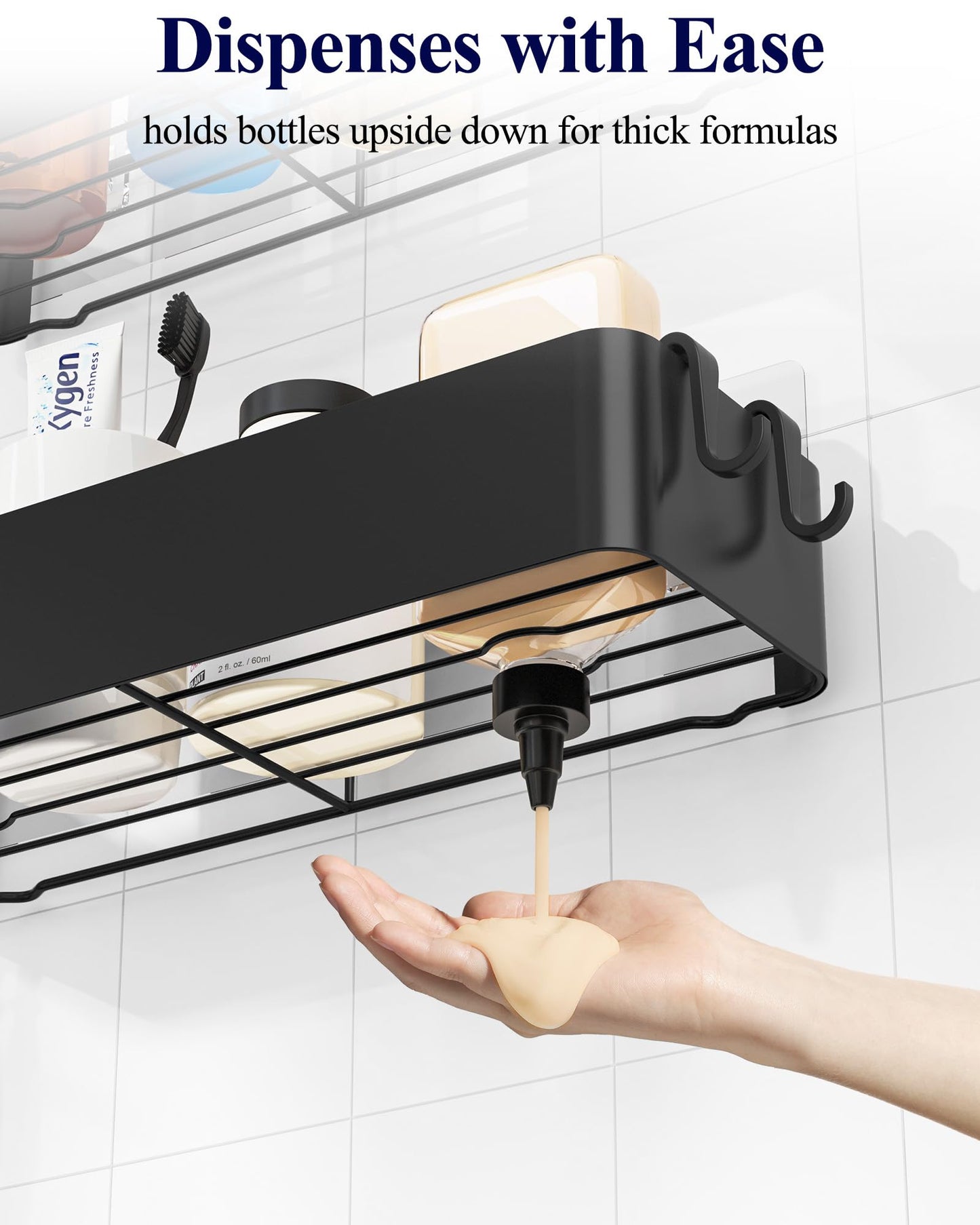 Kitsure Shower Caddy Adhesive - 6-Pack, No-Drilling Shower Shelves with Soap Holder, Toothbrush Holde, 6 Hooks, Rustproof & Stylish Bathroom Organizers and Storage Solution, Black, Large