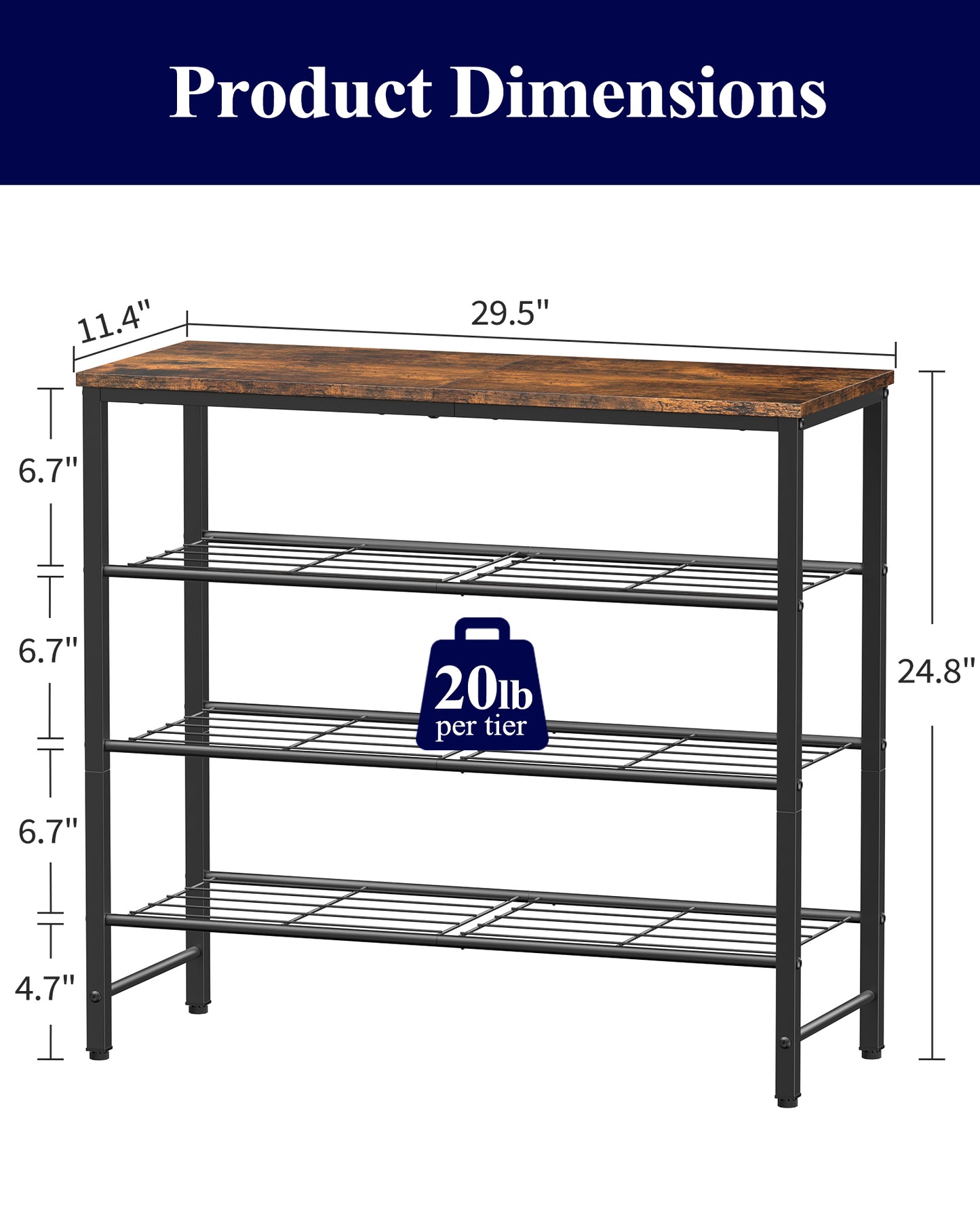 Kitsure Shoe Rack for Closet, Rustic Brown Shoe Organizer with Leveling Feet, Sturdy & Rust-Proof Shoe Storage for Entryway, Bedroom, Living Room, 29.5" x 11.4" x 24.8", Brown