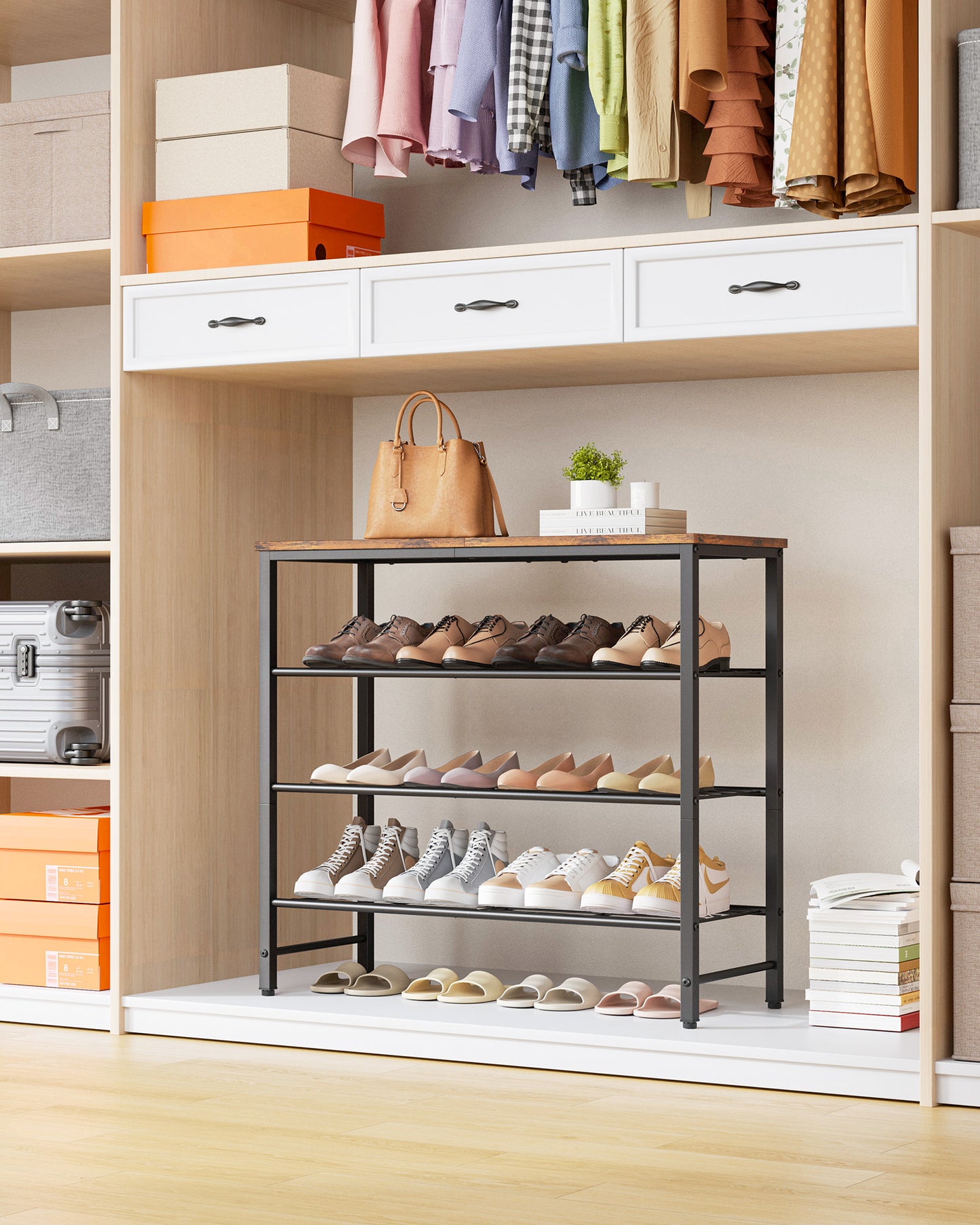 Kitsure Shoe Rack for Closet, Rustic Brown Shoe Organizer with Leveling Feet, Sturdy & Rust-Proof Shoe Storage for Entryway, Bedroom, Living Room, 29.5" x 11.4" x 24.8", Brown