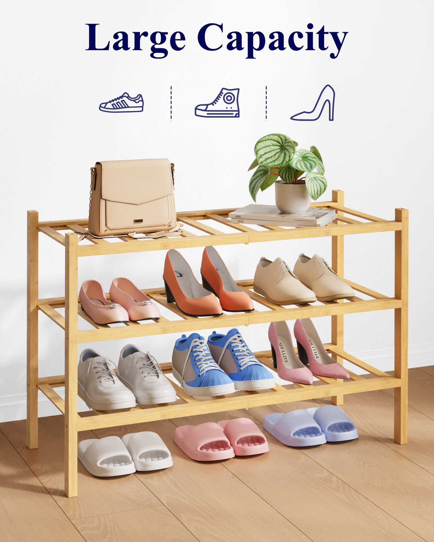 Kitsure Bamboo Wooden Shoe Rack for Closet - Stackable Shoe Organizer with Modular Structure, Space-Saving Shoe Shelf for Entryway, Living Room, Bedroom, 26.9" x 11" x 18.9", Natural