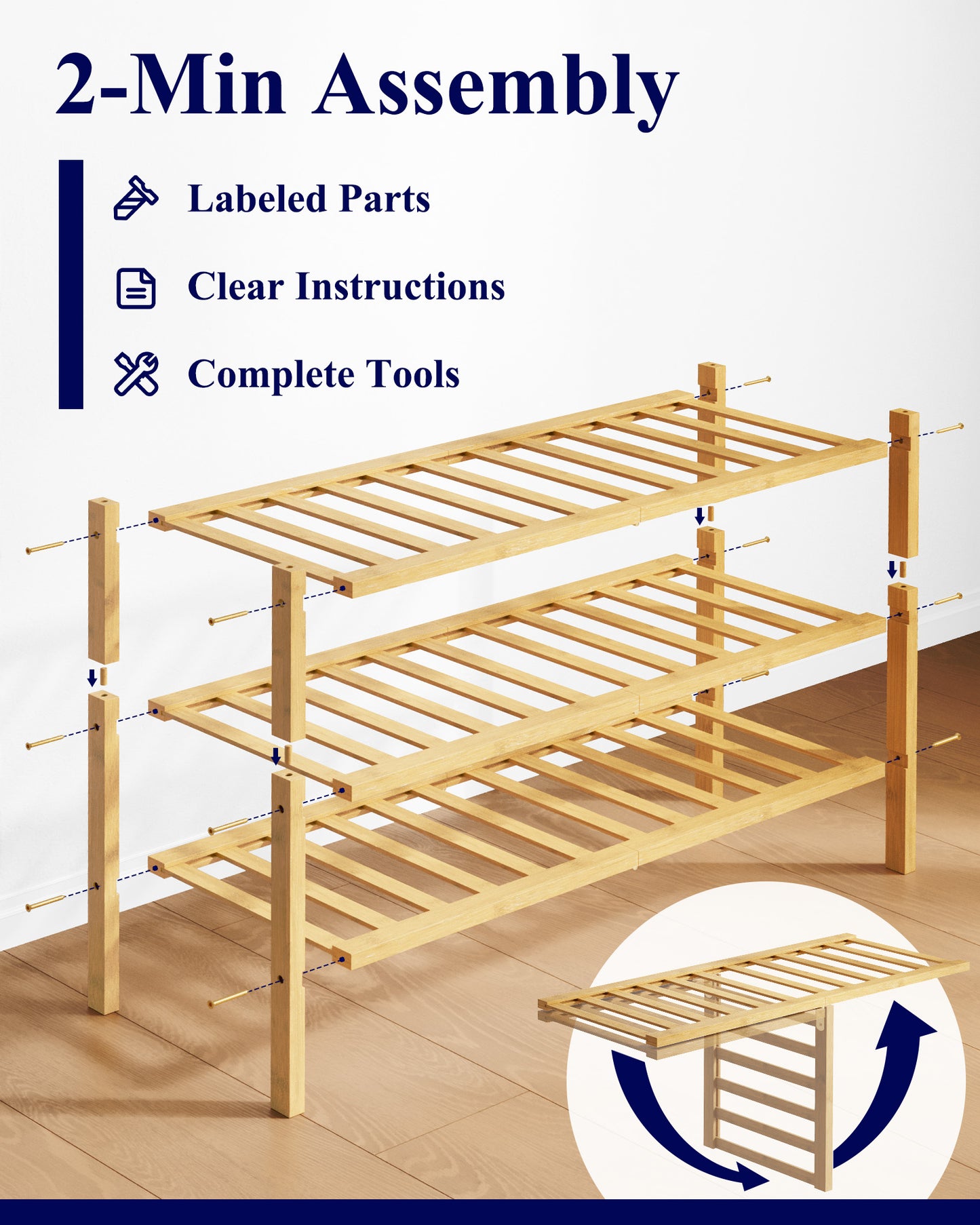 Kitsure Bamboo Wooden Shoe Rack for Closet - Stackable Shoe Organizer with Modular Structure, Space-Saving Shoe Shelf for Entryway, Living Room, Bedroom, 26.9" x 11" x 18.9", Natural