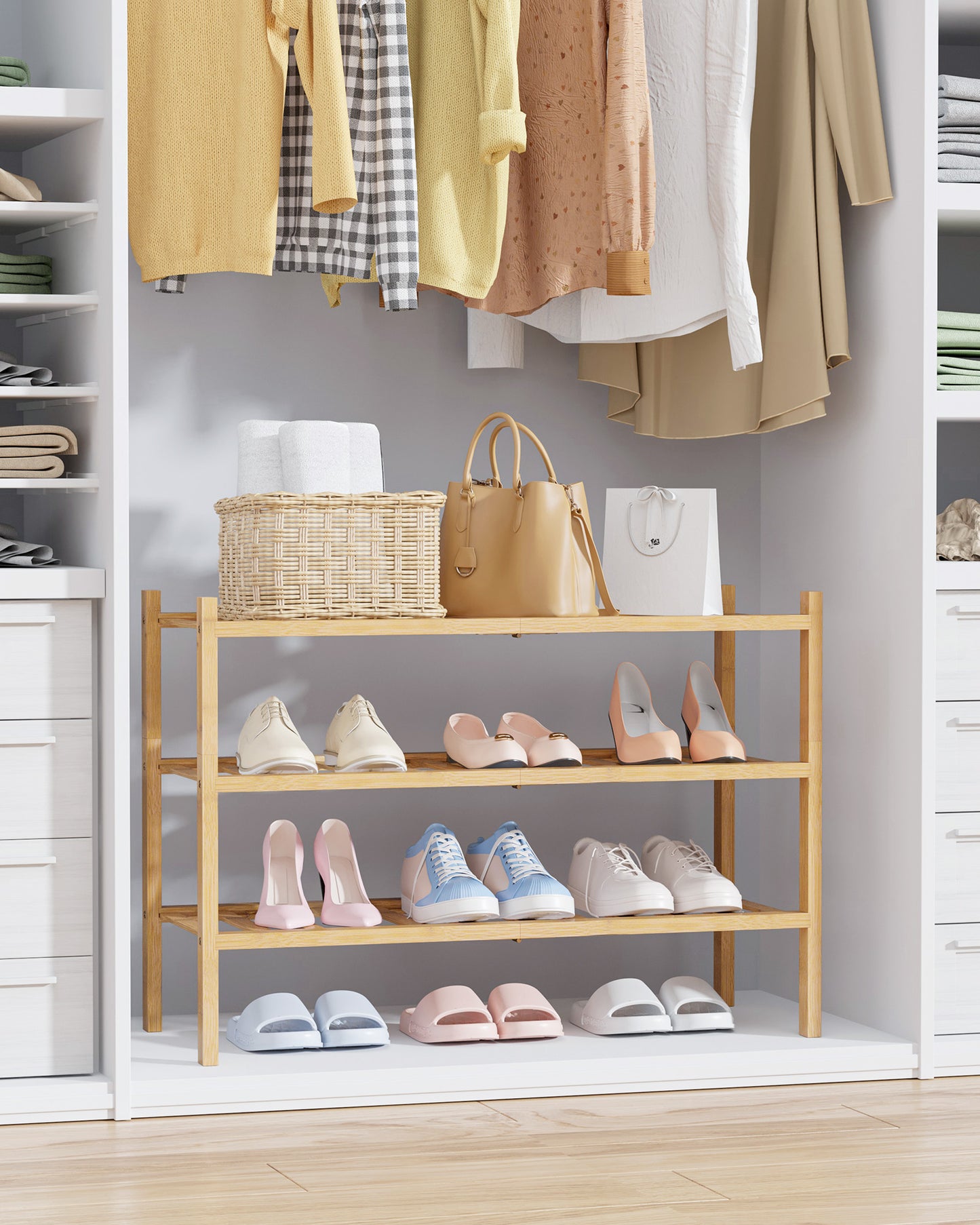 Kitsure Bamboo Wooden Shoe Rack for Closet - Stackable Shoe Organizer with Modular Structure, Space-Saving Shoe Shelf for Entryway, Living Room, Bedroom, 26.9" x 11" x 18.9", Natural