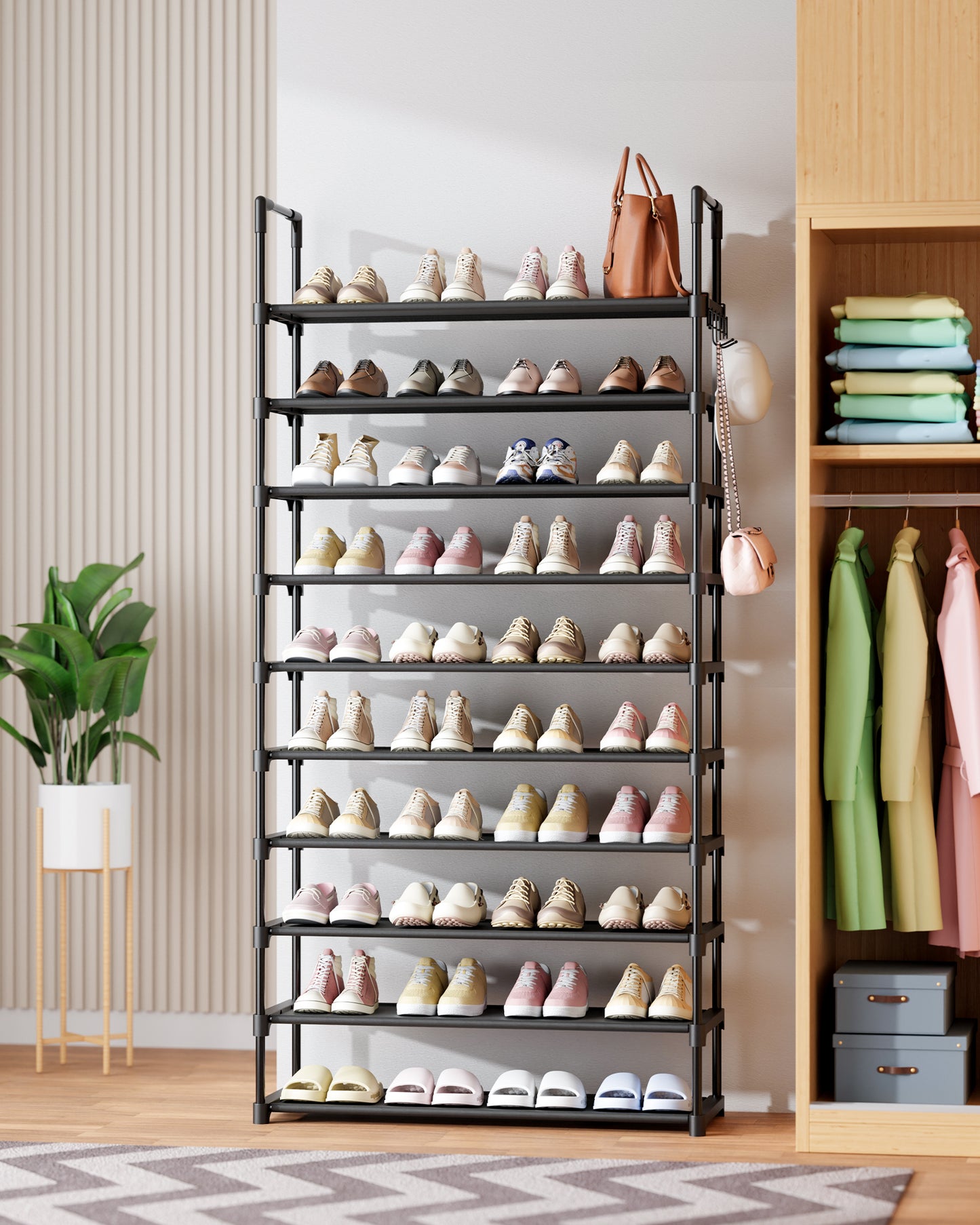 Kitsure Shoe Rack for Closet - 10-Tier Shoe Organizer with Hook Rack, Large-Capacity & Space-Saving Shoe Shelf for Entryway, Bedroom, Living Room,32.2" x 11.8" x 68.5", Black