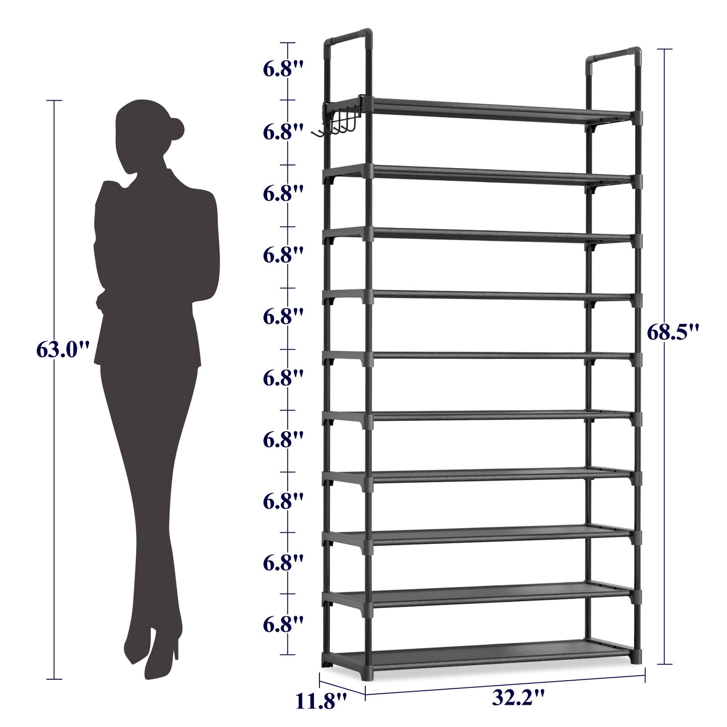 Kitsure Shoe Rack for Closet - 10-Tier Shoe Organizer with Hook Rack, Large-Capacity & Space-Saving Shoe Shelf for Entryway, Bedroom, Living Room,32.2" x 11.8" x 68.5", Black