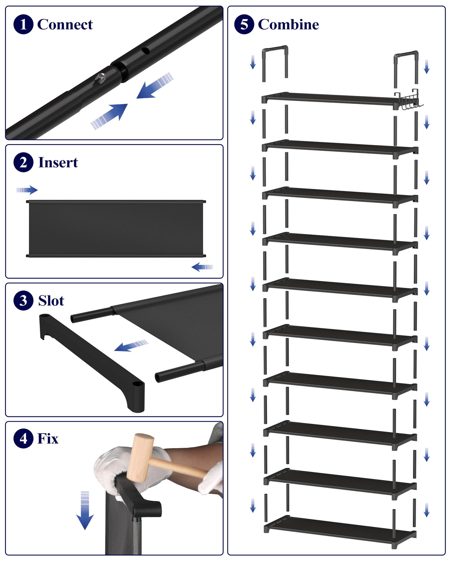 Kitsure Shoe Rack for Closet - 10-Tier Shoe Organizer with Hook Rack, Large-Capacity & Space-Saving Shoe Shelf for Entryway, Bedroom, Living Room,32.2" x 11.8" x 68.5", Black