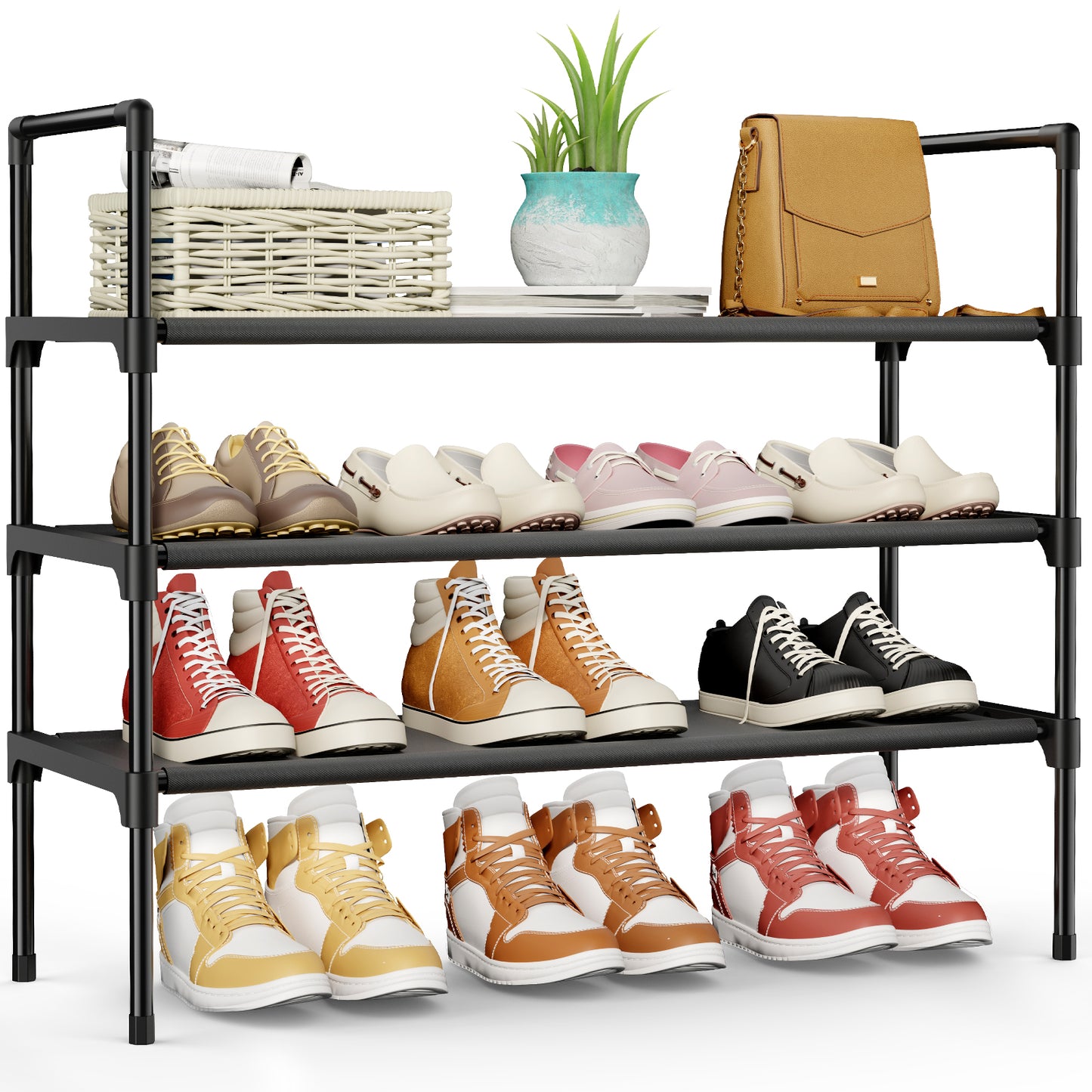 Kitsure 3-Tier Metal Shoe Rack, Stackable for Closet, Entryway, Living Room, Garage, Holds Up to 16 Pairs, Black