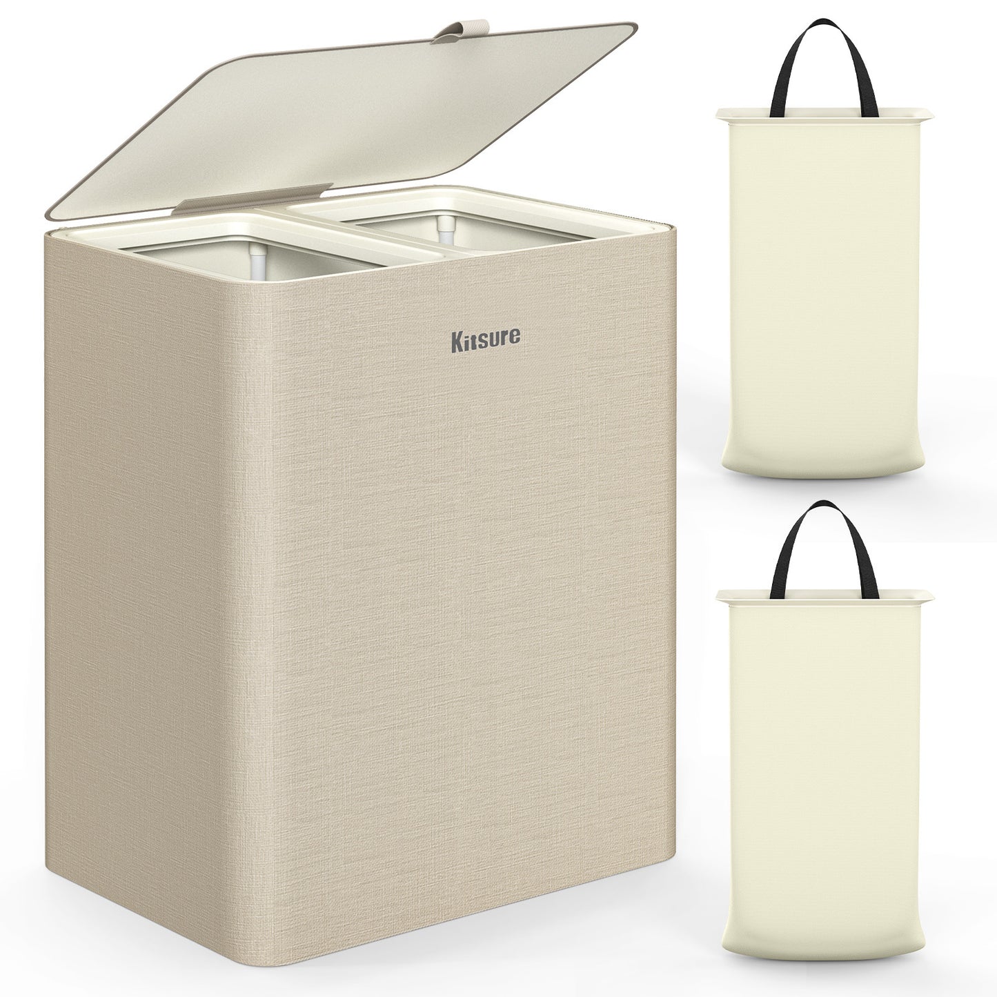 Kitsure 100L Laundry Basket with Lid, 2-Compartment Laundry Hamper with Removable Laundry Bags, White Clothes Hamper for Bathroom, Bedroom & Laundry Room