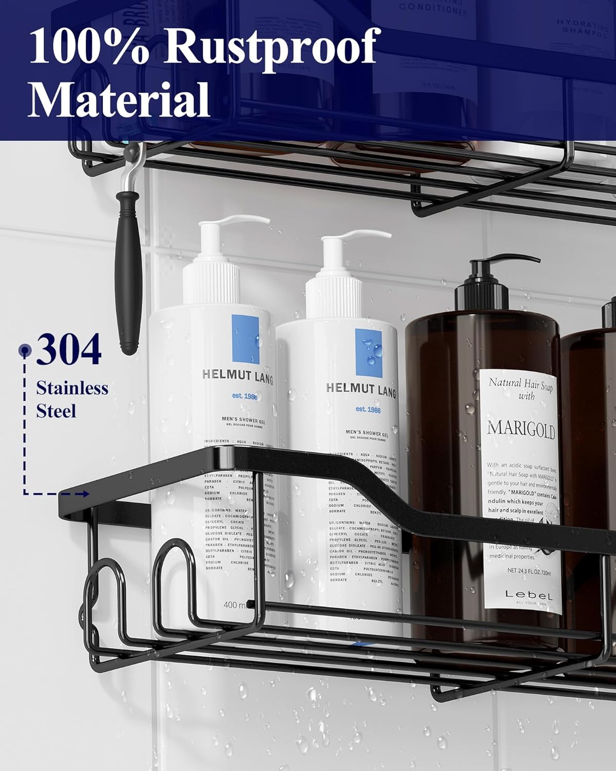 Kitsure Shower Caddy Large - Adhesive Shower Organizer, Stainless Steel Shelf for Inside Shower, No Drill Bathroom Organizers and Storage, Home Decor Accessories, 2 Pack, Black