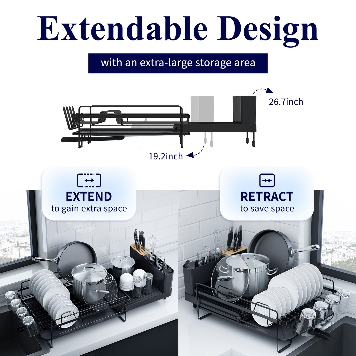 Kitsure Large Dish Drying Rack - Extendable Dish Rack