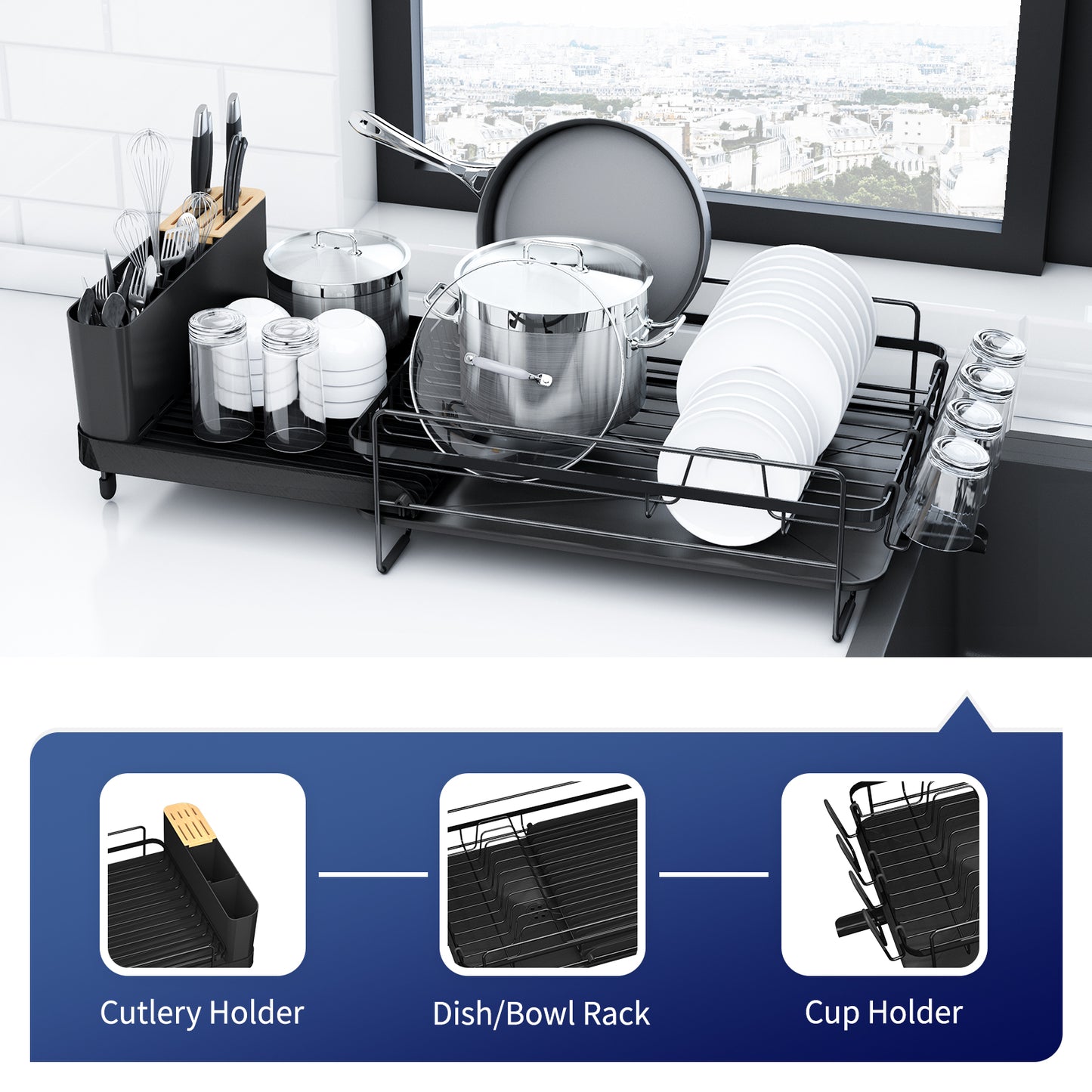 Kitsure Large Dish Drying Rack - Extendable Dish Rack