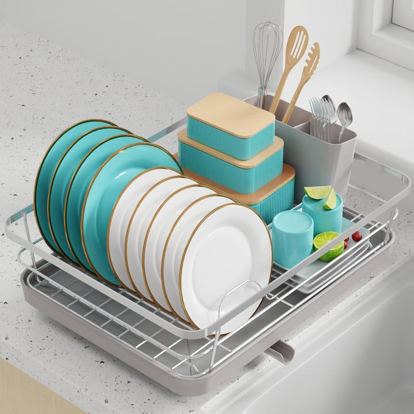Dish Drying Rack - Stainless Steel Dish Rack with Drainboard for Kitchen Counter and Sink, Large, Silver15.8"D x 12"W x 5"H