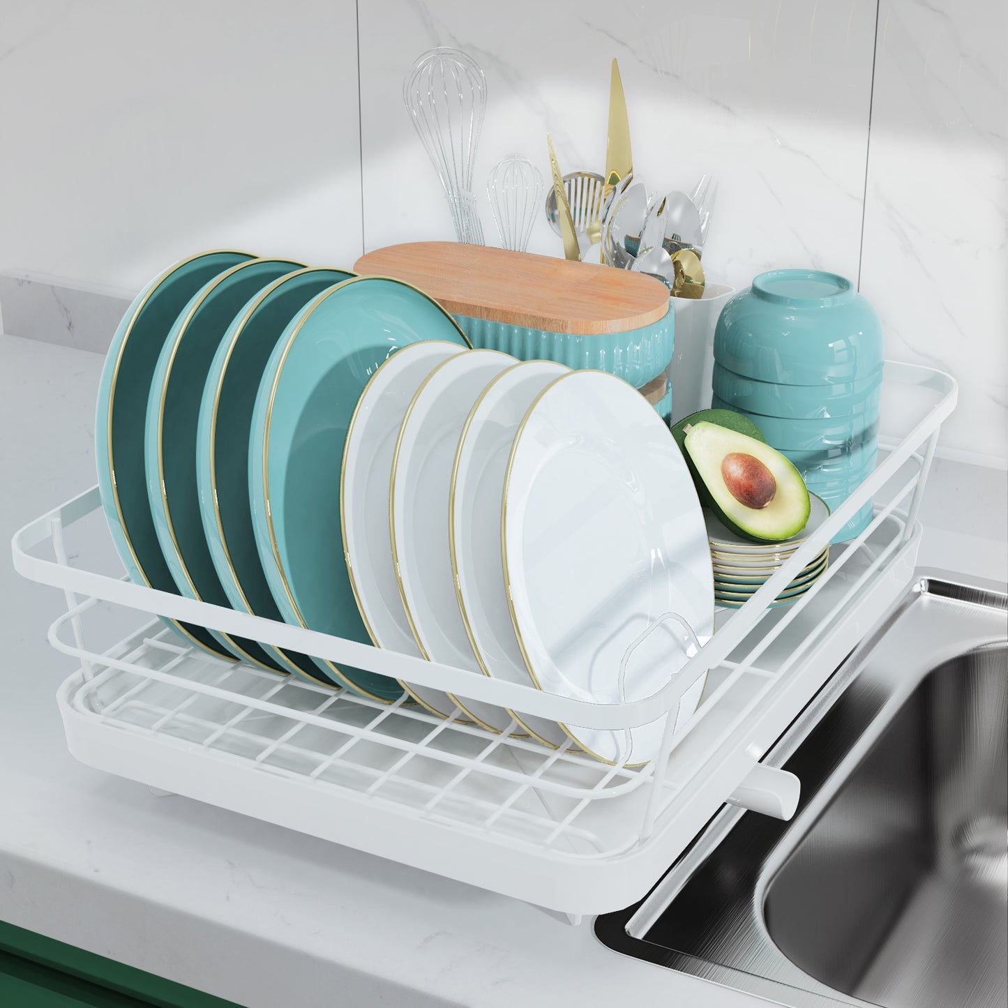 Dish Drying Rack - Stainless Steel Dish Rack with Drainboard for Kitchen Counter and Sink, Large, Silver15.8"D x 12"W x 5"H