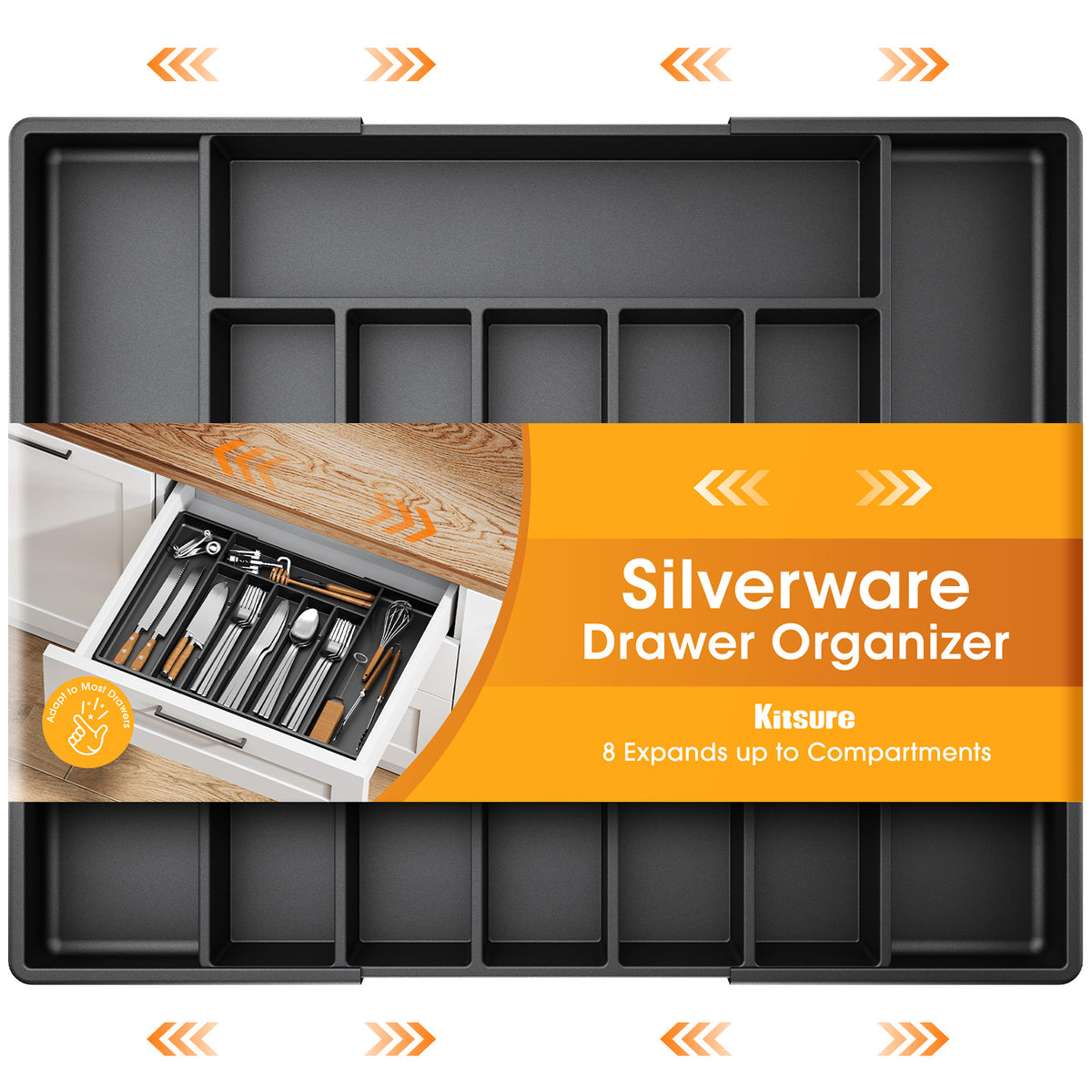 Kitsure Expandable Silverware Organizer, Utensil Tray PP Drawer Organizer, Black, 20.3" x 13.8" x 1.6"