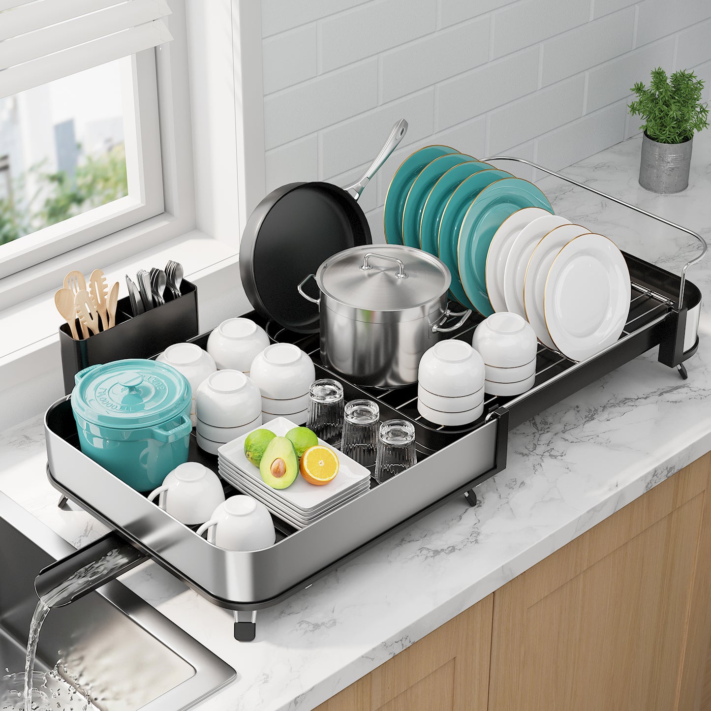 Kitsure Dish Drying Rack, Expandable Stainless Steel Dish Rack for Kitchen Counter with Auto-Drain Board, Cutlery Holder and Non-Slip Feet, 16.1-26.0" L x 12.1" W, Black