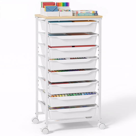 Kitsure Rolling Cart with Drawers, 8 Drawer Storage Cart with Wooden Top, Labels Included, Locking Wheels for Craft Organizers and Storage, Classroom Storage, 30.3"H, White