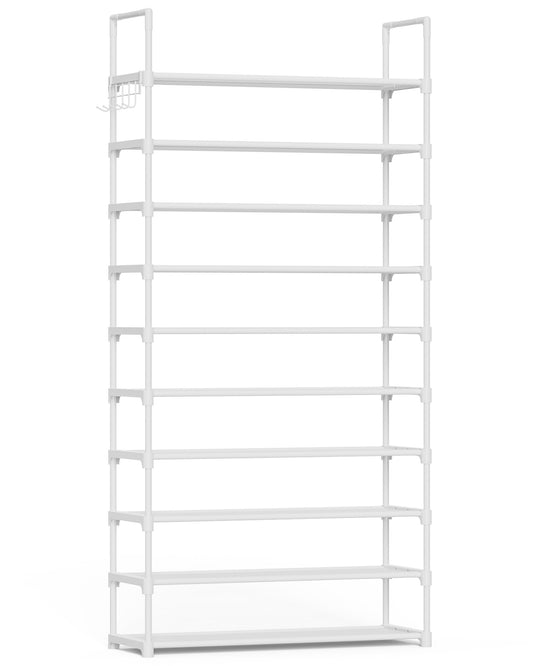 Kitsure 10-Tier Shoe Rack Organizer with Hooks for Closet, 32" x 11.5" x 68", White
