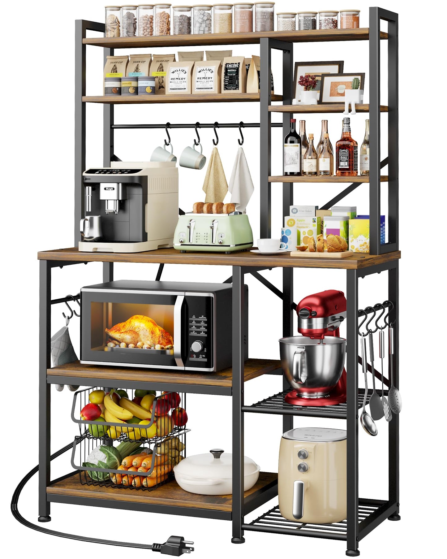 Kitsure Baker's Rack with Power Outlet - Storage Rack with Kitchen Shelves and 12 Hooks, Versatile Coffee Bar and Microwave Stand for Appliances, Pantry, Home Organization,Brown, 38.0" x 15.5" x 67.0"
