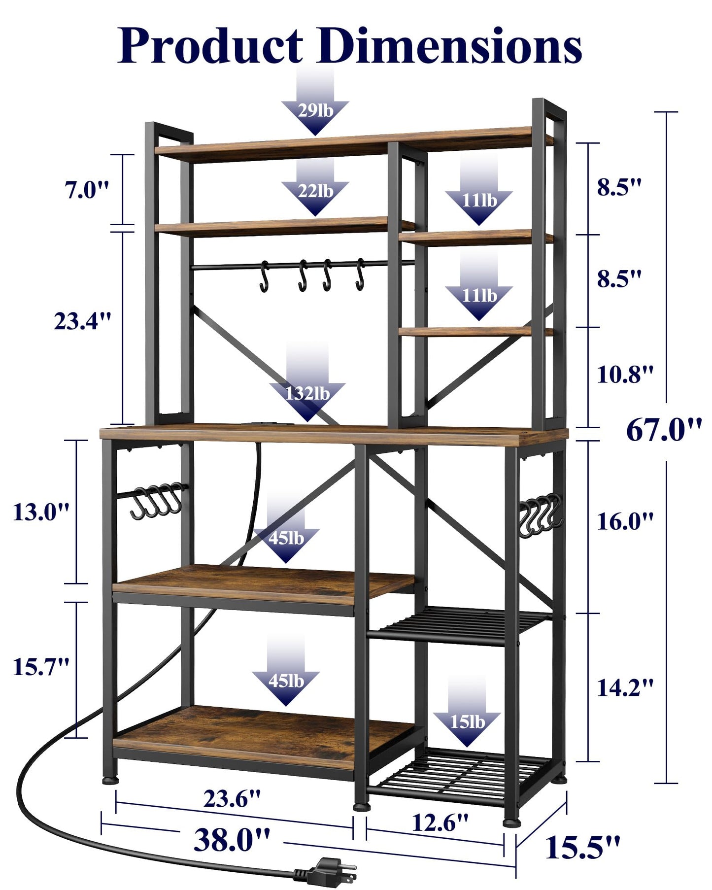 Kitsure Baker's Rack with Power Outlet - Storage Rack with Kitchen Shelves and 12 Hooks, Versatile Coffee Bar and Microwave Stand for Appliances, Pantry, Home Organization,Brown, 38.0" x 15.5" x 67.0"