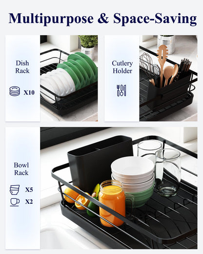 Kitsure Dish Drying Rack for Kitchen Counter, Stainless Steel Sink Organization and Storage Essentials with Cutlery Holder, Home and Appartment Decor, 12''W x 15.5''L, Black