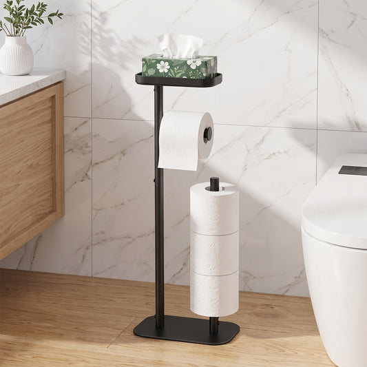 Kitsure Toilet Paper Holder Free-Standing, Black Toilet Paper Holder with Shelf & Padded Bottom, 4 Rolls Storage, 9.3" x 5.9" x 24.3"