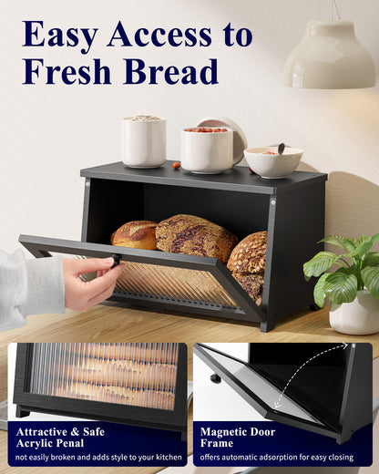 Kitsure Bread Box - Wooden Bread Box for Kitchen Countertop, Large Capacity Kitchen Countertop Organizer, Stylish Bread Storage with Window, Multi-functional Container, Black, 15.0"x8.3"x9.1" (1T)