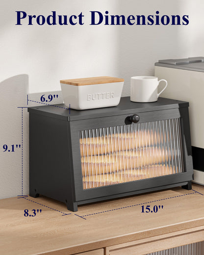 Kitsure Bread Box - Wooden Bread Box for Kitchen Countertop, Large Capacity Kitchen Countertop Organizer, Stylish Bread Storage with Window, Multi-functional Container, Black, 15.0"x8.3"x9.1" (1T)