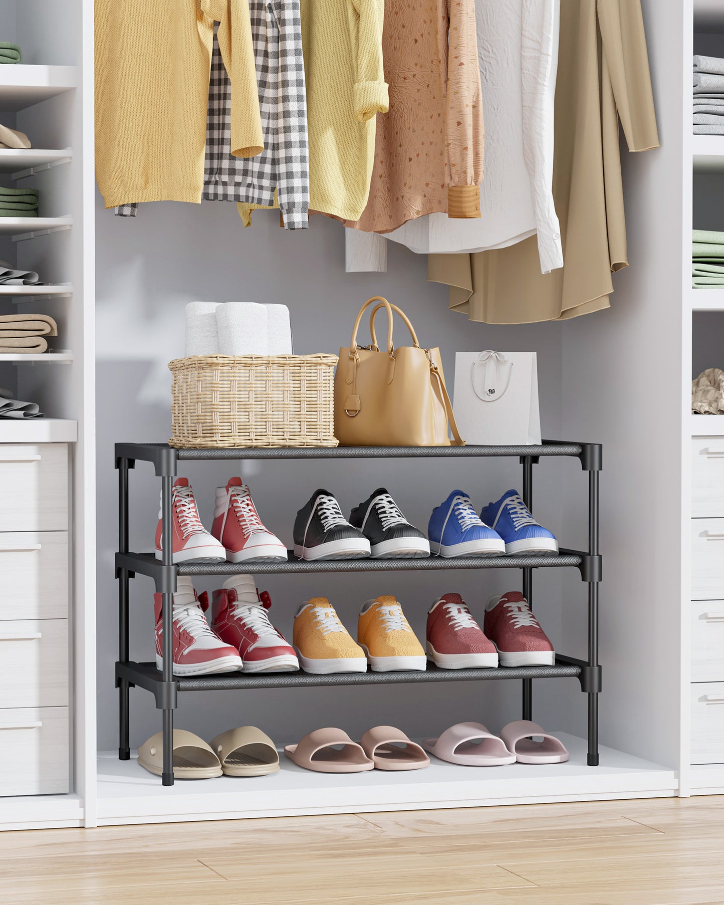 Kitsure Shoe Rack - Premium Non-Woven Shoe Rack Shelf, Shoe Organizer for Closet, Entryway, Garage & Corridor, Sturdy & Durable Long Stackable Shoe Shelves, 70 x 30 x 47cm, Black