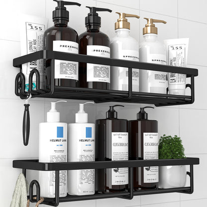 Kitsure Shower Caddy - 2 Pack Rustproof Stainless Steel Bathroom Organiser, Wall-Mounted Shower Shelf with 4 Hooks for Bathroom Storage, Minimalist Style, Large Capacity, 10.0 x 29.5 x 5.5 cm, Black AU4167