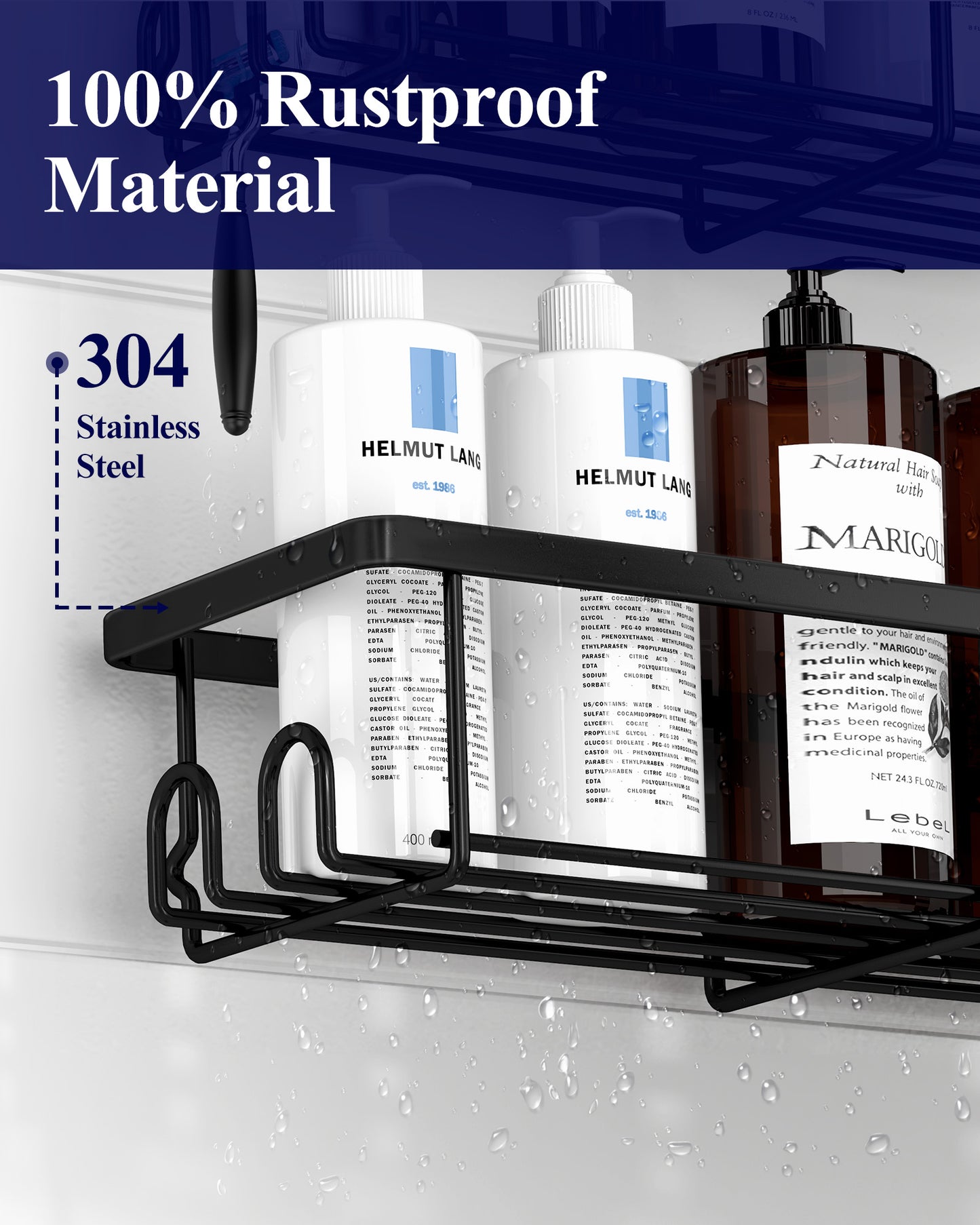 Kitsure Shower Caddy - 2 Pack Rustproof Stainless Steel Bathroom Organiser, Wall-Mounted Shower Shelf with 4 Hooks for Bathroom Storage, Minimalist Style, Large Capacity, 10.0 x 29.5 x 5.5 cm, Black AU4167