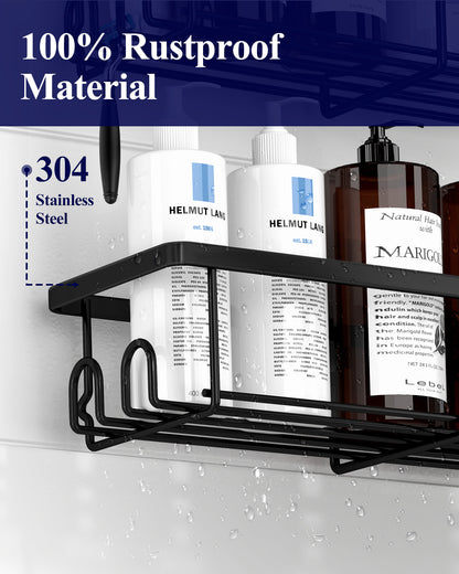 Kitsure Shower Caddy - 2 Pack Rustproof Stainless Steel Bathroom Organiser, Wall-Mounted Shower Shelf with 4 Hooks for Bathroom Storage, Minimalist Style, Large Capacity, 10.0 x 29.5 x 5.5 cm, Black AU4167